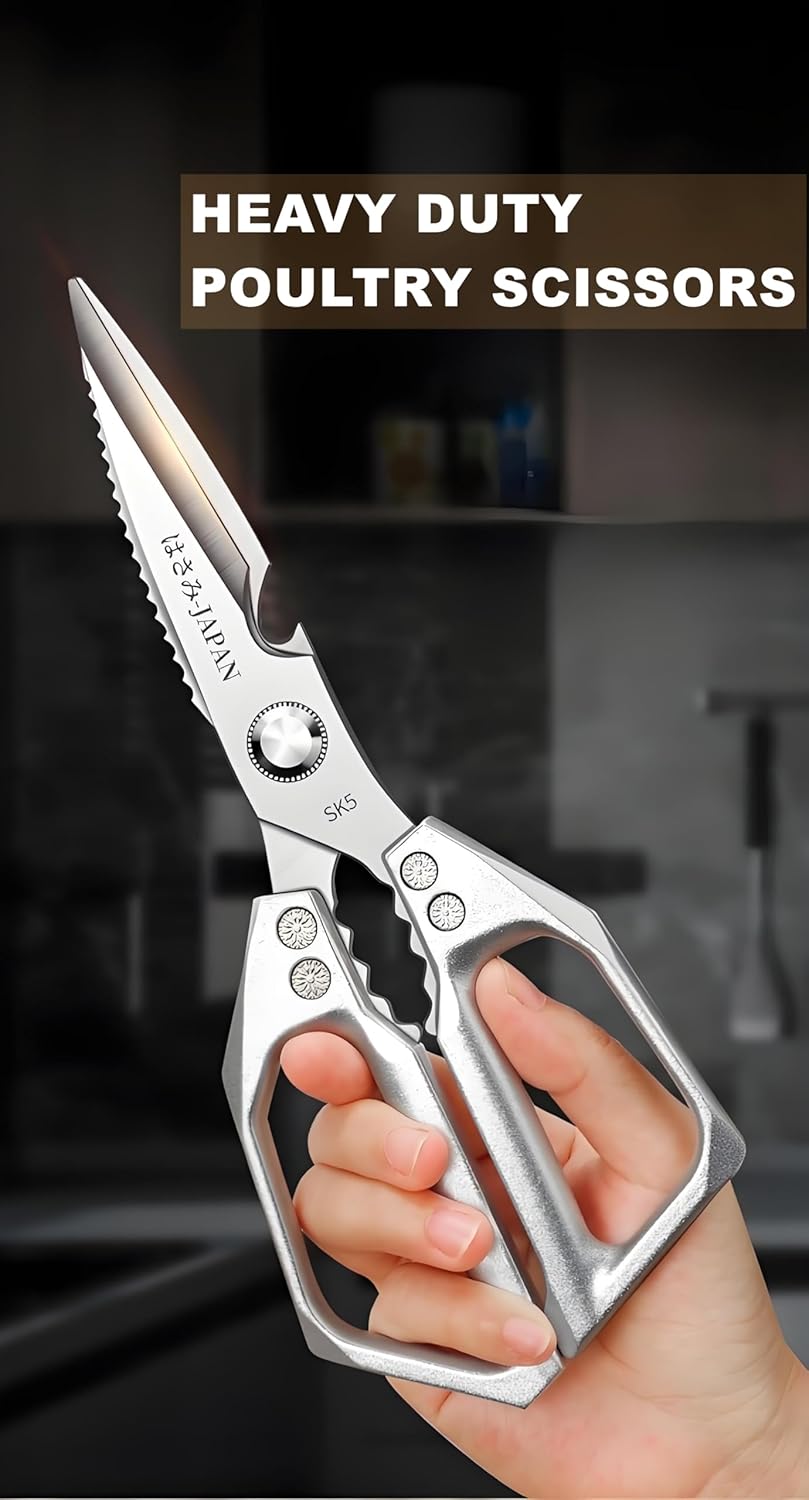 Kitchen Scissors, All Purpose，Ultra Sharp Japanese Meat Scissors，Heavy Duty Silver Cooking Scissor，Dishwash Safe Stainless Steel Kitchen Shears for Food, Chicken Bones, Turkey