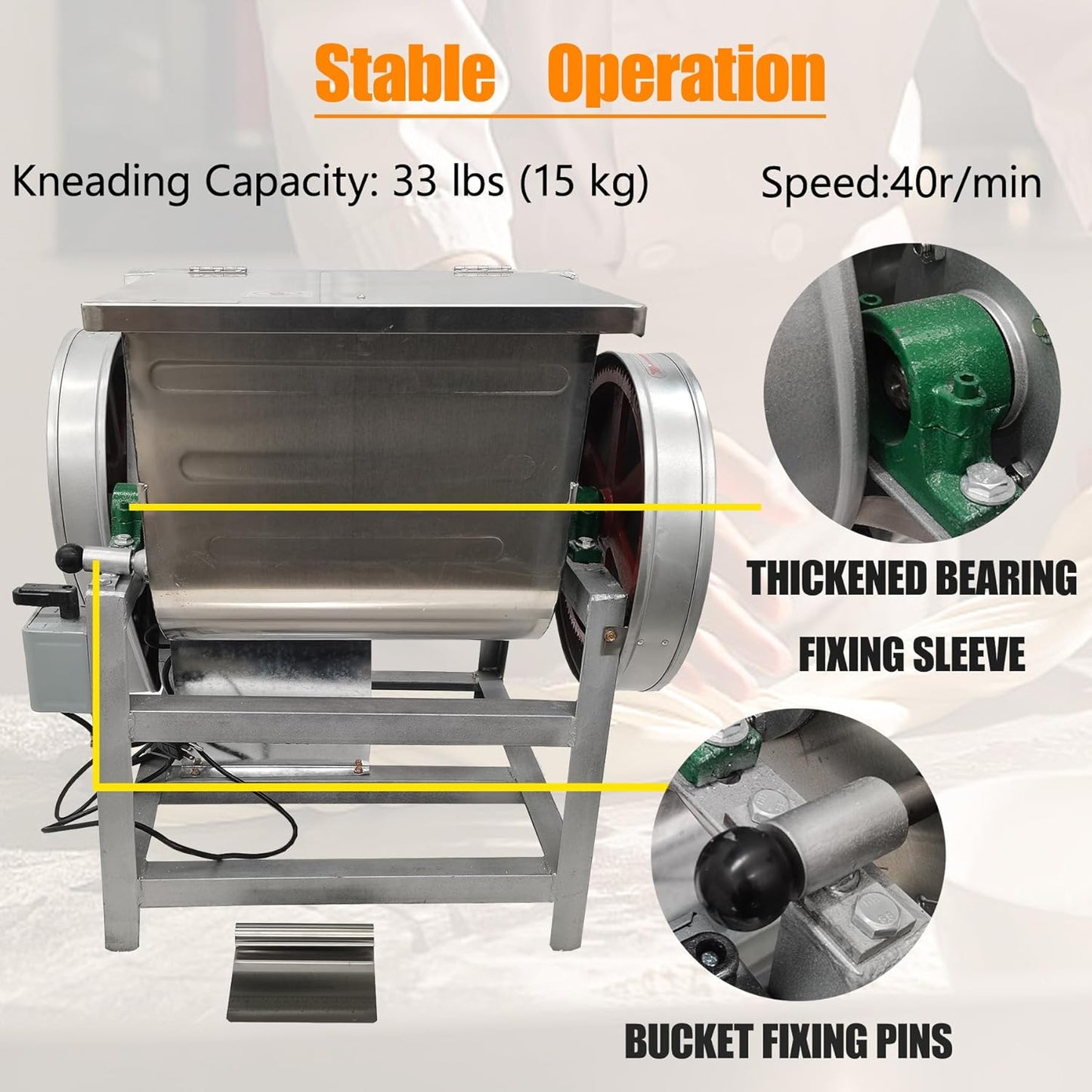 Commercial Dough Mixer, 15KG Stand Spiral Food Flour Mixer Dough Kneading Machine with 15.5 x 12 x 14inch Bowl Size and 90 Degree Tilt for Schools, Restaurant, 110V ﻿