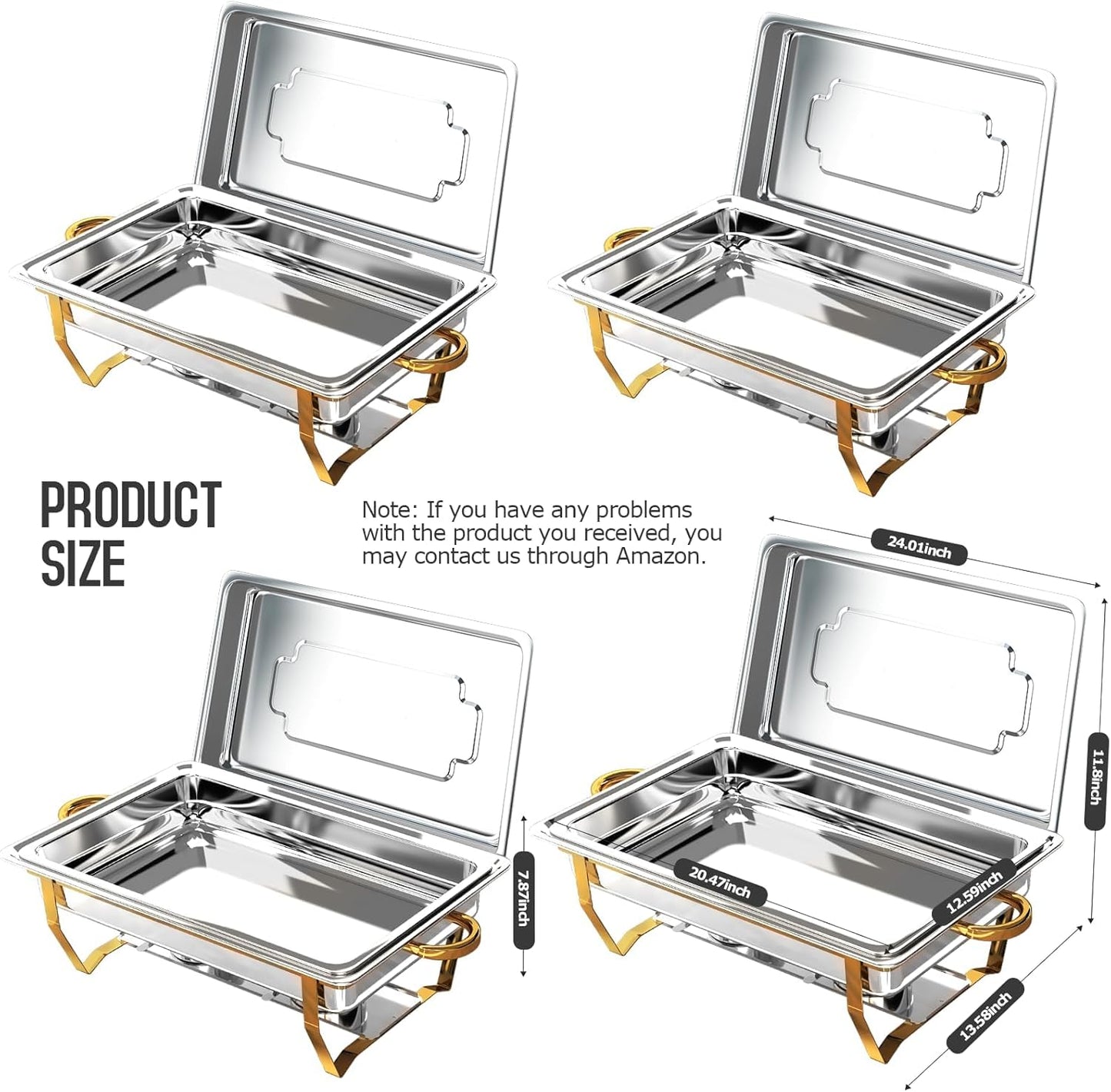 Chafing Dishes for Buffet 4 Pack, [Elegant Gold and Silver] Stainless Steel Chafing Dish Buffet Set, 9QT No-Finger Cut Roll Edge Chafers and Buffet Warmers Sets for Party (Gold Full Panx4)