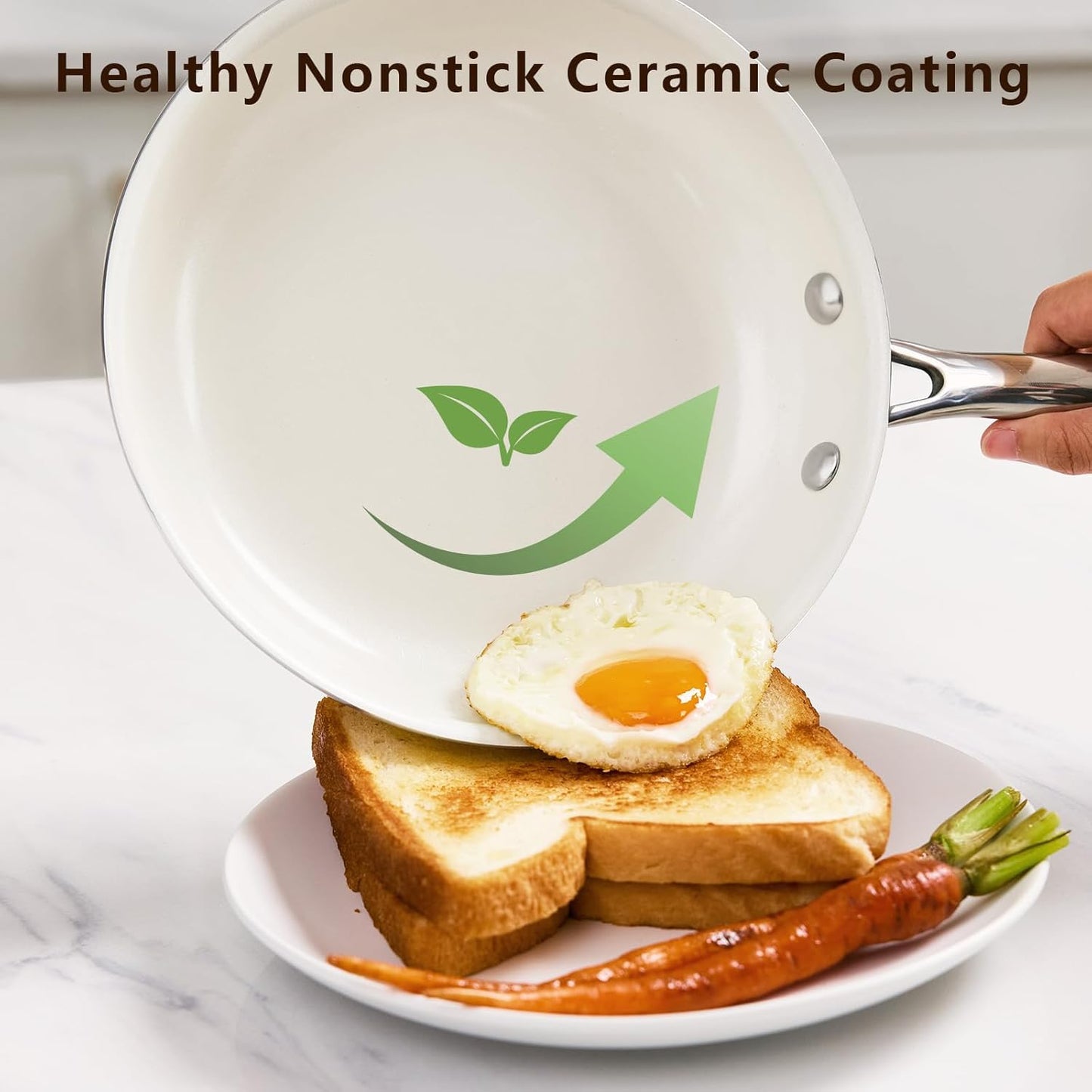 9.5" Ceramic Nonstick Frying Pan, Skillet, Cooking Pan Non Toxic with Stay Cool Handle for Induction, PTFE & PFAS & PFOA Free, Dishwasher/Oven Safe, White