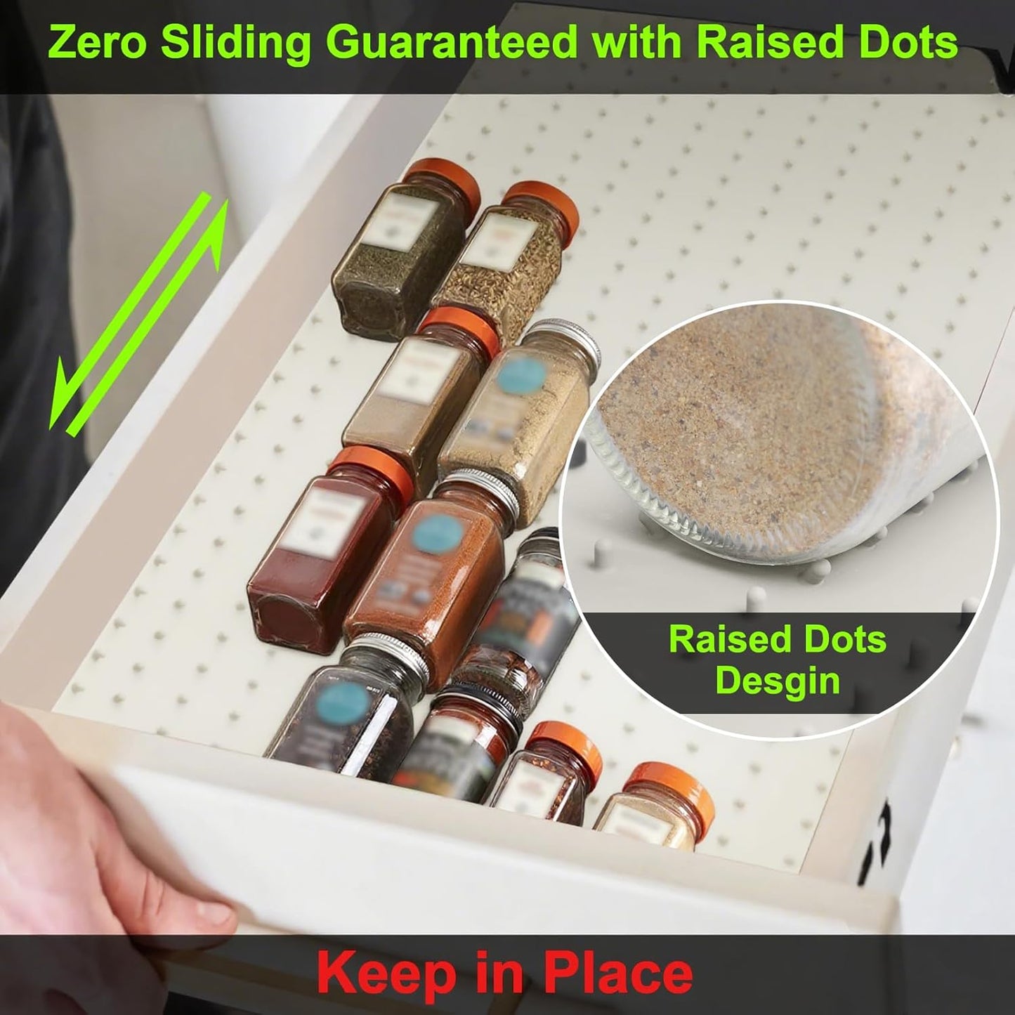 Gosmol Spice Drawer Organizer insert, Adjustable & Non-Slip Silicone Spice Drawer Liner for Seasoning Jars and Spice Bottles, Spice Rack, Set of 2-Pearl