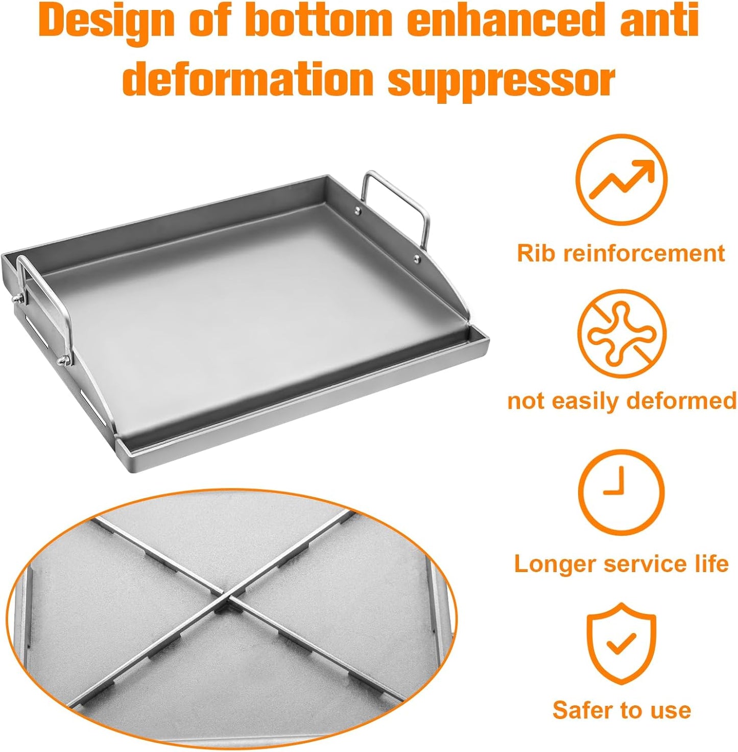 ABYDA Universal Stainless Steel Cooking Griddle, Heavy-Duty 4mm Flat Top Plate Insert with Grease Groove and Removable Handles,Premium Nonstick Coating for Gas/Charcoal/Stove, 17"x13"