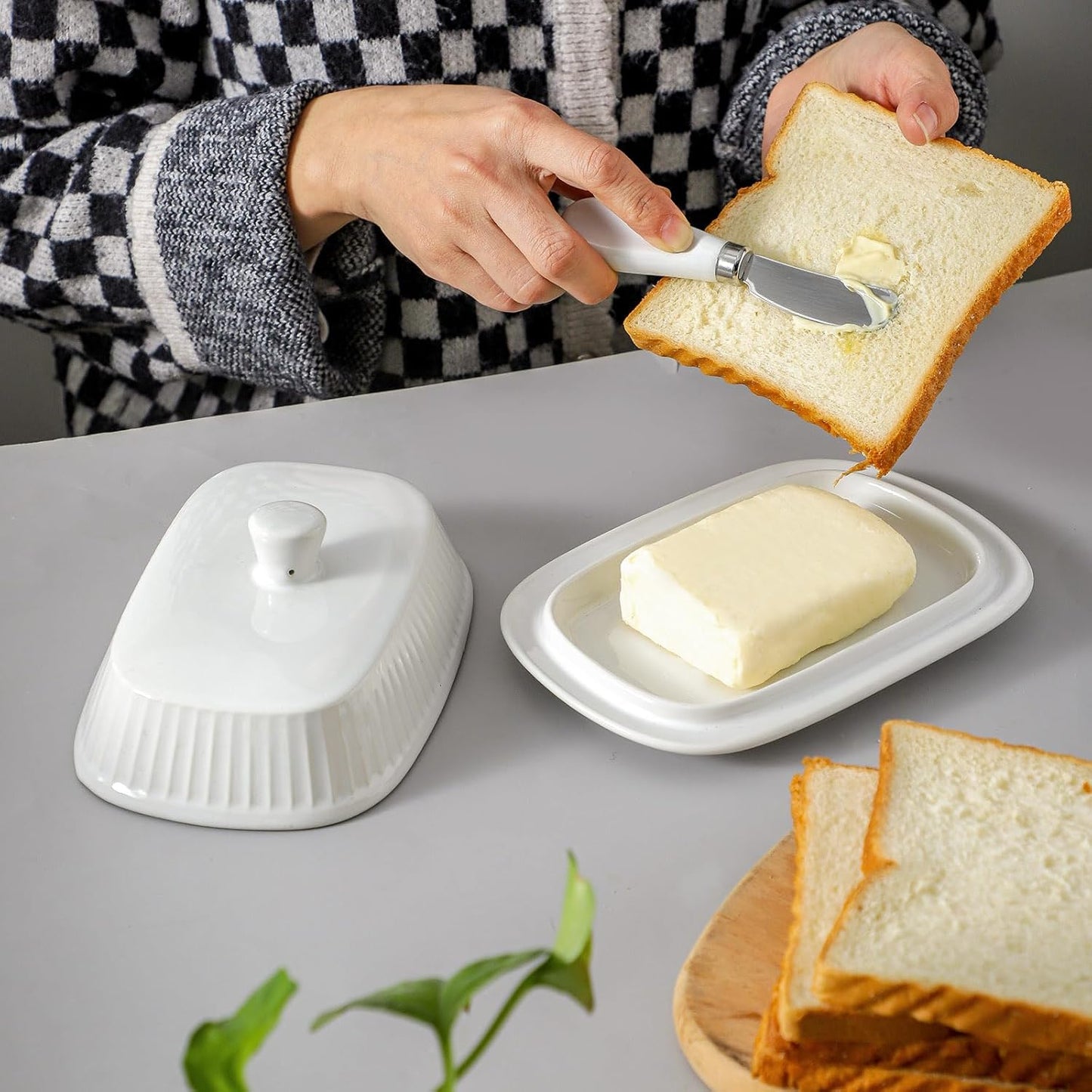 Hasense Porcelain Butter Keeper, Butter Dish with Lid, Large Butter Containe with Cover, Butter Holder for West East Coast Butter, Kitchen Decor, Housewarming Gift, White