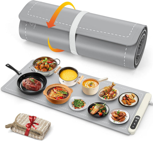 FYY Extra Large Food Warming Mat - Electric Warming Tray with 6 Temperature Settings and 6 Hours Timer, Full Surface Heating Food Warmer, Premium Silicone Heating Tray for Gatherings, Parties, Grey