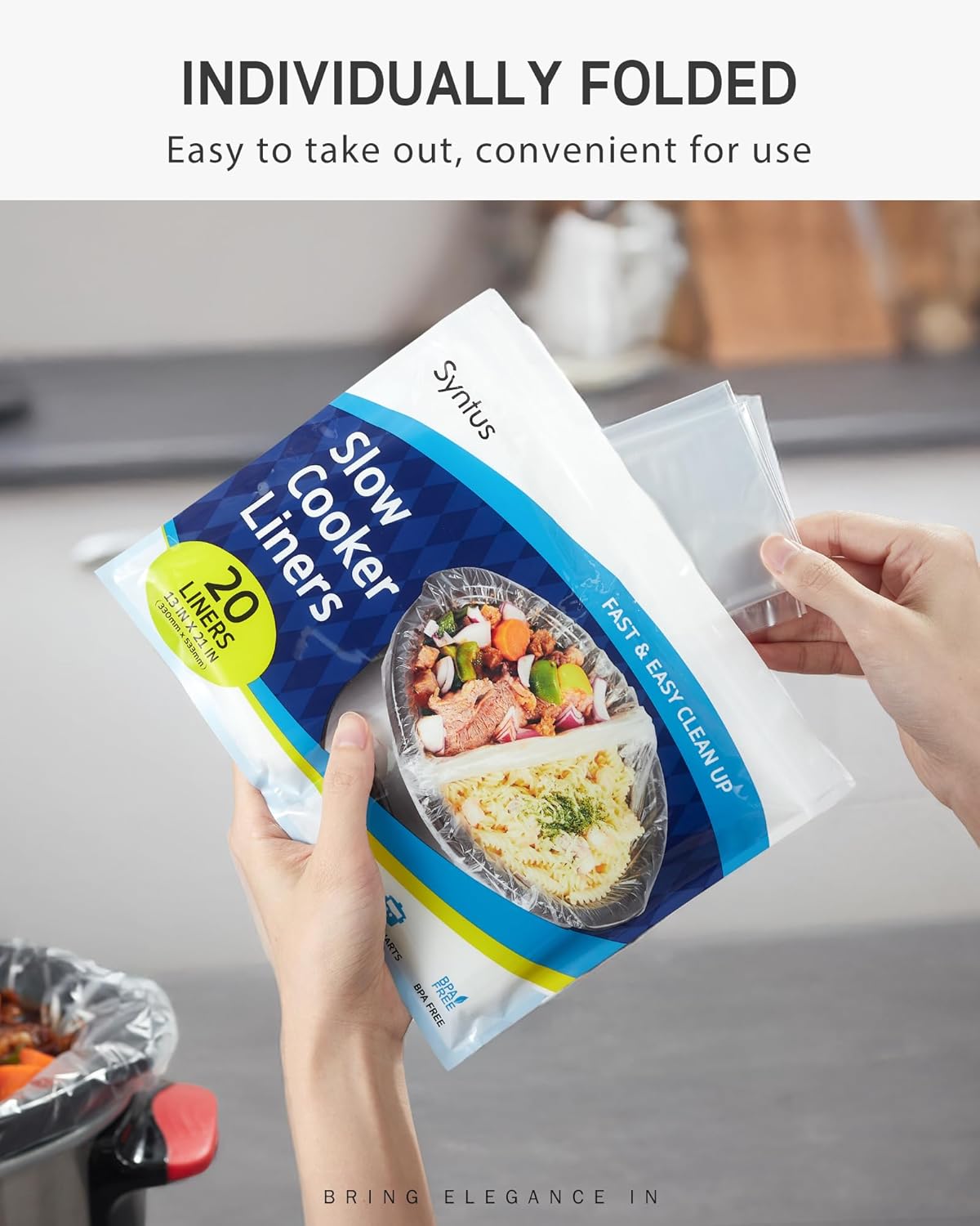 Syntus Crock Pot Liners, 20 Count 13" x 21" Large Size Slow Cooker Liners Fits 3-8 Quart Pots, Disposable Cooking Bags Suitable for Oval & Round & Retangular Crock Pot