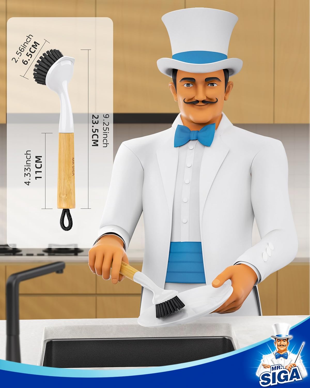 MR.SIGA Dish Brush with Handle, Dish Scrub Brush with Built-in Scraper, Bamboo Dish Brush for Pots and Pans, Kitchen Sink, 2 Pack