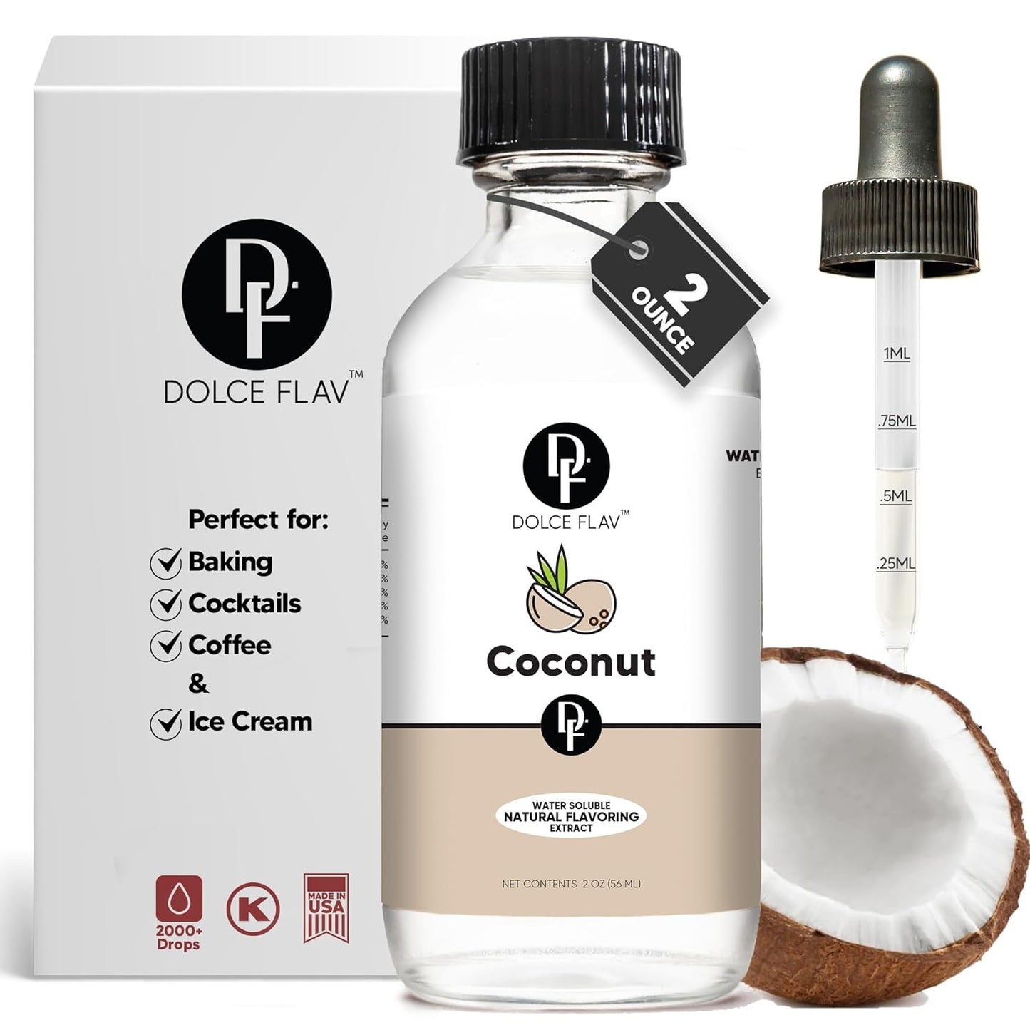 Dolce Flav Natural Coconut Extract – 2 Ounce Water-Soluble Kosher, Sugar-Free, Concentrated Tropical Coconut Flavoring for Baking, Beverages & Desserts, Includes Measured Dropper