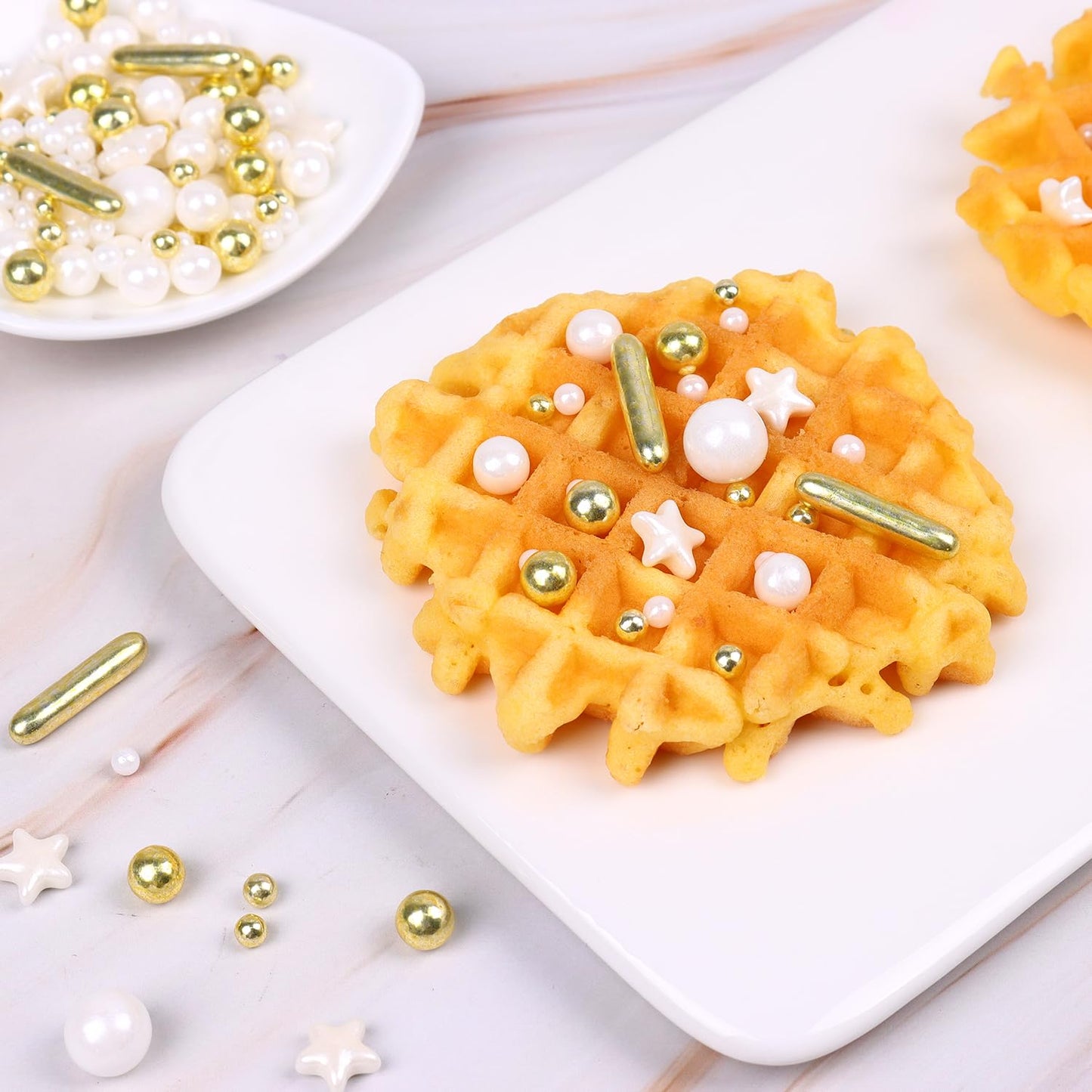 White Deluxe Gold Sprinkles for Cake Decorating 4.23ounce - Sugar Mix Contains Star & Pearl Sprinkles for Cupcake Toppers, Ice Cream, Candy, Cookie Decorations - Holiday Party Supplies