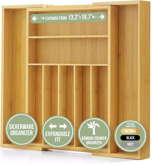 Purawood Bamboo Drawer Organizer - Expandable Silverware Organizer & Utensil Drawer Organizer, Cutlery Tray with Dividers, 7-9 Slots- Kitchen Organizer for Utensils & Flatware (Natural)