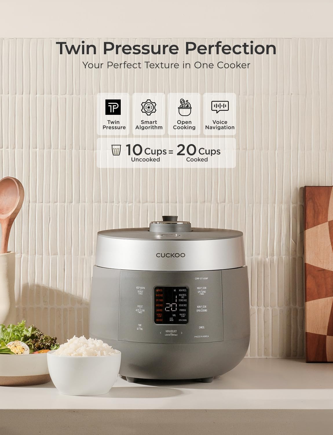 CUCKOO CRP-ST1009FG 10-Cup (Uncooked) / 20-Cup (Cooked) Twin Pressure Rice Cooker & Warmer with Nonstick Inner Pot, 16 Menu Modes, 3 Voice Guide, Auto Clean (Gray)