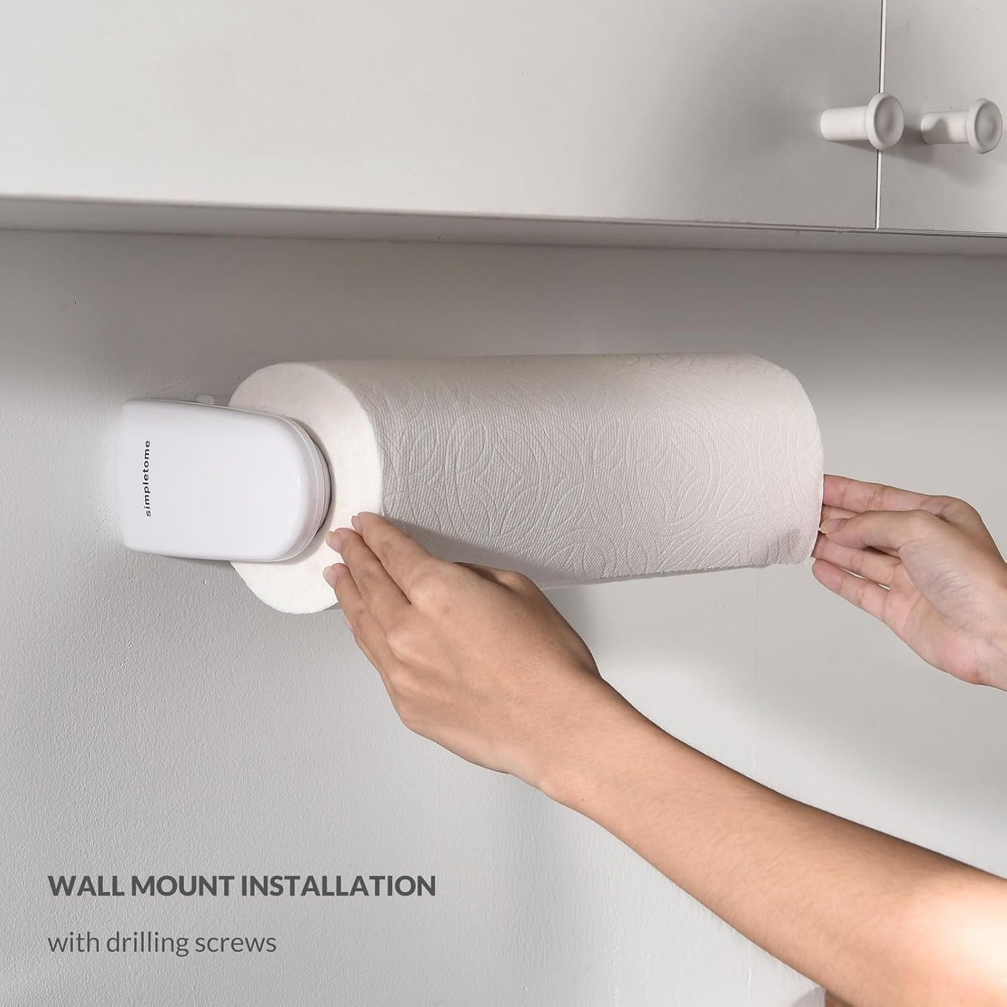 simpletome Paper Towel Holder Under Cabinet or Wall Mount ONE Hand Operation Tension Arm Kitchen Roll Holder (White, for 24-28cm/9.4-11inches roll)