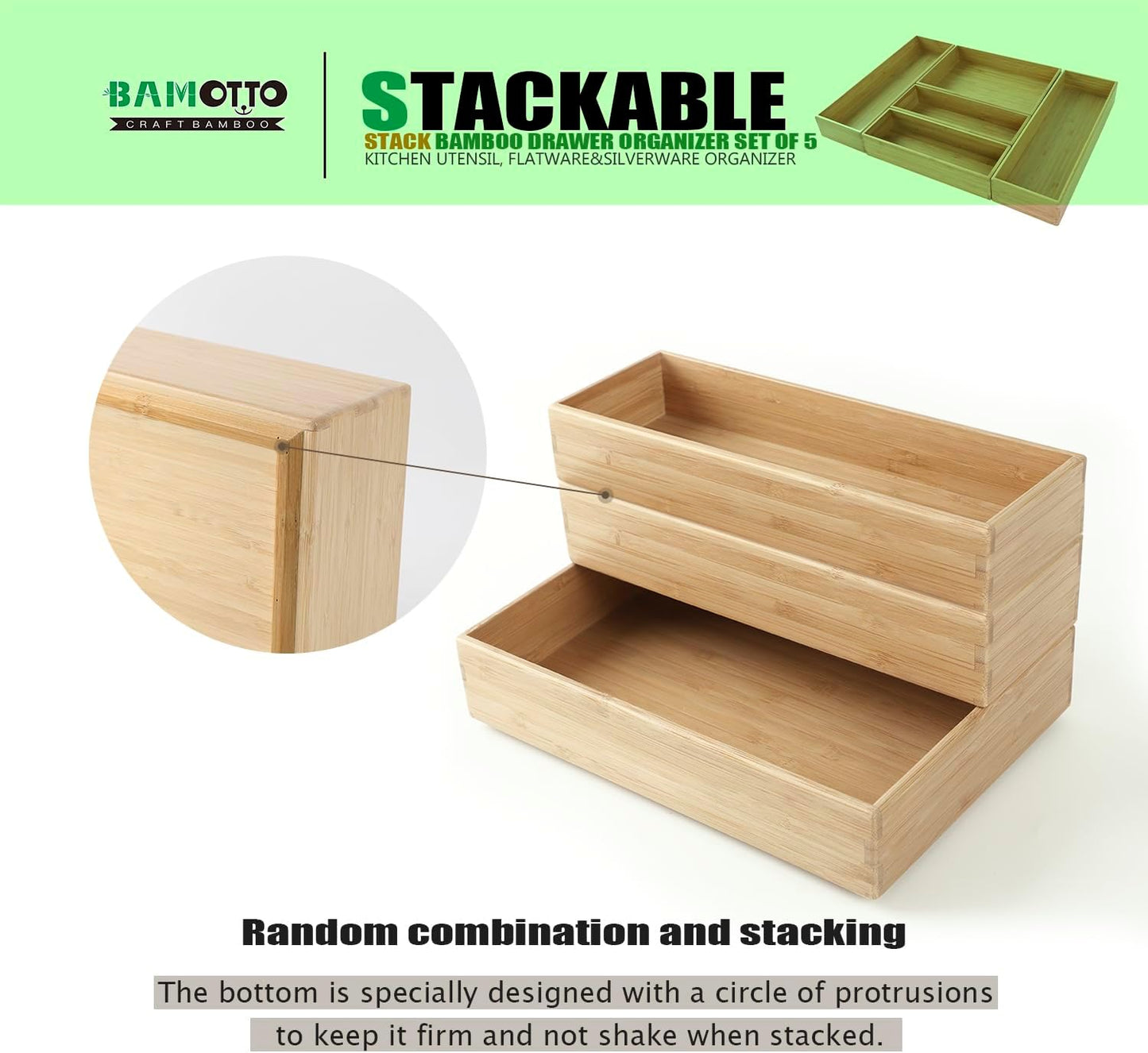 Stack Bamboo Drawer Organizer Set of 5, Kitchen Utensil, Flatware&Silverware Organizer-Wood Laminated Stackable for Kitchen, Bedroom, 13.4''x4.5''*2+10.2''x3.3''*2+10.2''x6.7''*1