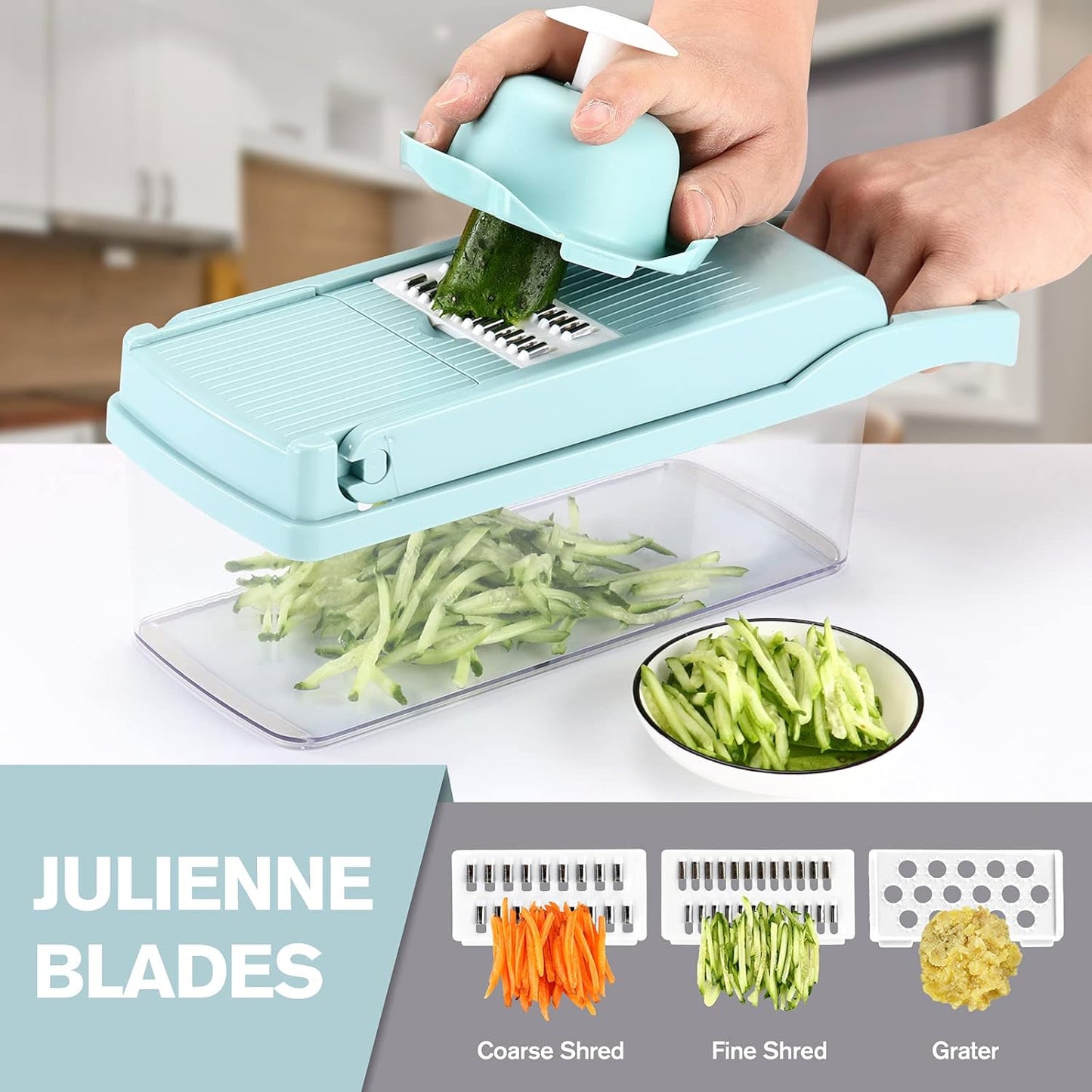 KEOUKE Vegetable Chopper Mandoline Slicer Blue - 12 in 1 Interchangeable Blades Food Chopper with Container, Hand Guard & Drainer, Veggie Dicer Kitchen Gadget for Onion, Cucumber, Tomato, Fruit