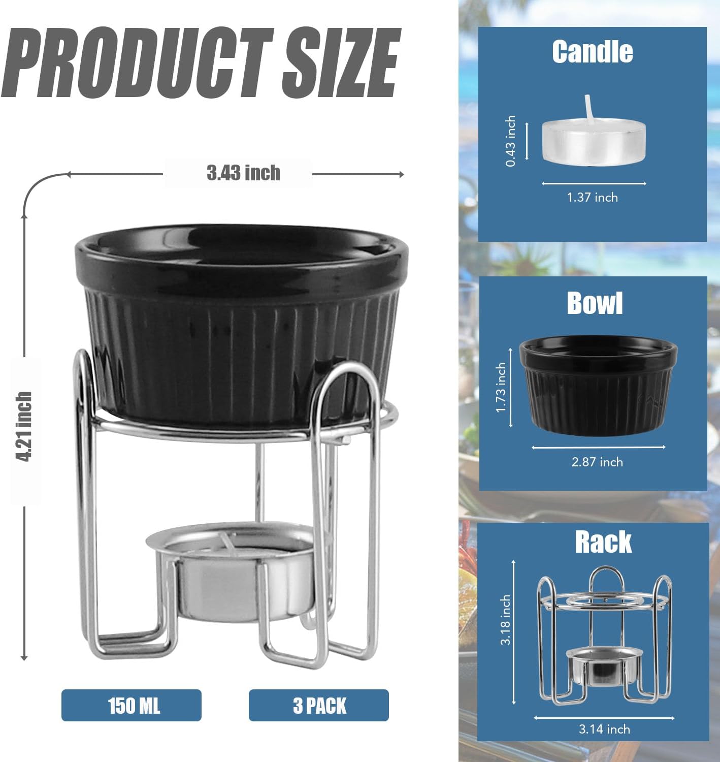 Artestia Butter Warmers Set, 4-Piece Ceramic Butter Warmer with Tea Light Candles, Crab Boil Party Supplies - Dishwasher, Microwave, Oven Safe (Black)