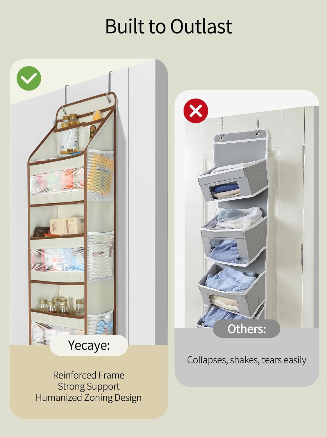 Yecaye 5 Tier 1Pc Over the Door Organizer, Swing-proof Door Organizer Hanging with Clear PVC Windows, Behind the Door Storage for Bedroom Nursery Closet Laundry Pantry Bathroom, Beige