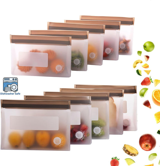 Reusable Silicone Food Storage Bags – 10-Pack Stand-Up, BPA-Free, Freezer, Dishwasher Safe, & Eco-Friendly – 5 L, 5 M Bags – Airtight Leakproof Sandwich, Snack, Travel & Make-Up baggies (Grey)