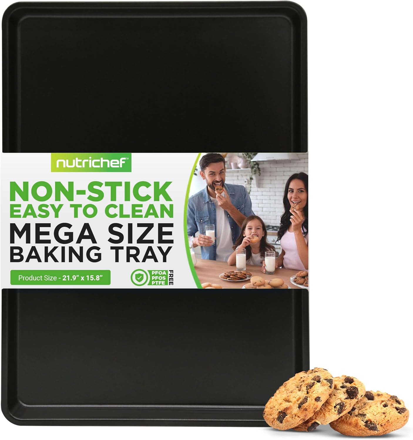 NutriChef Nonstick XL Cookie Sheet Baking Pan - Extra Large 22 Inch x 16 Inch with Raised Edges, Thick Carbon Steel Oven Baking Sheet for Jelly Rolls, Cookies, Cakes, & Pastries - Black
