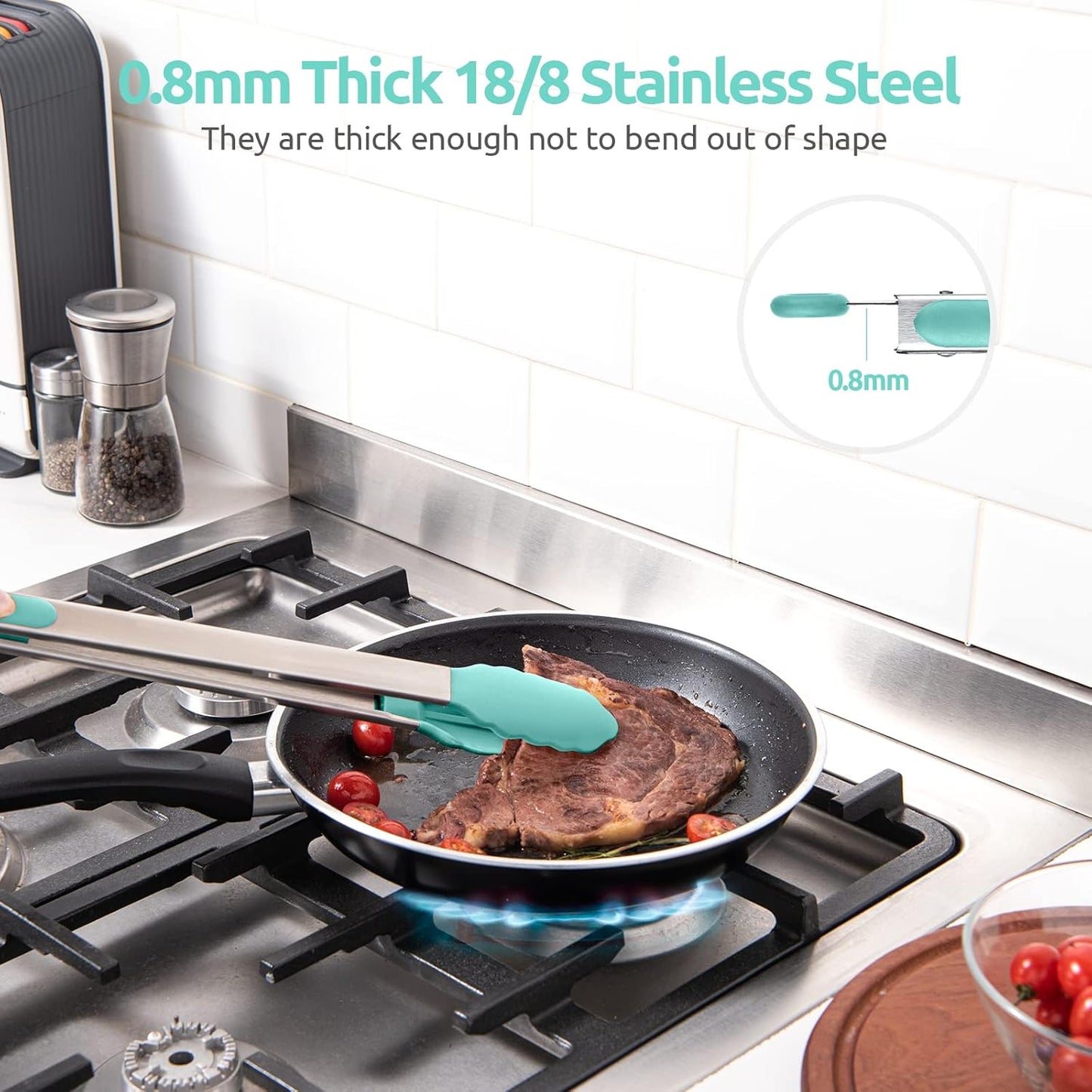 600ºF Heat Resistant Kitchen Tongs: U-Taste 16 in Extra Long Large Silicone Cooking Tong with Sturdy Non Stick Rubber Tips & Non Slip Silicon Coated 18/8 Stainless Steel Handle for Grill BBQ(Aqua Sky)