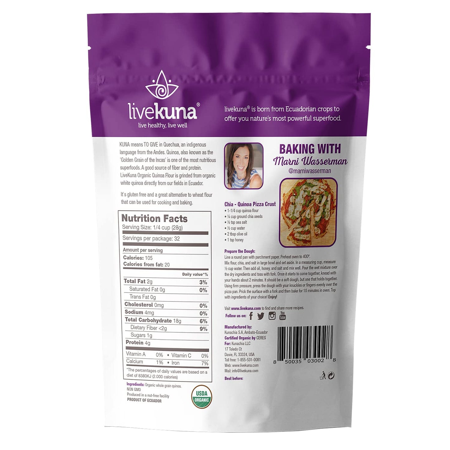 LiveKuna Organic Quinoa Flour - Gluten Free All Purpose Flour & Wheat Flour Alternative For Baking & Cooking Recipes - Vegan Quinoa Flour, Rich In Protein & Fiber for Keto & Paleo Diets, 32oz Bag