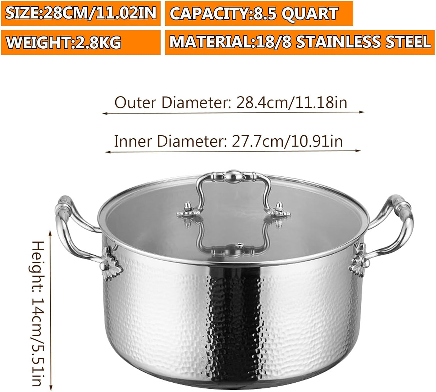 Stainless Steel Stock Pot with Visible Lid for Pasta, Soup, Spaghetti, Nonstick Thick Bottom Stockpot, Induction Pasta Pot Compatible with All Cooktops, Dishwasher Safe,8.5QT