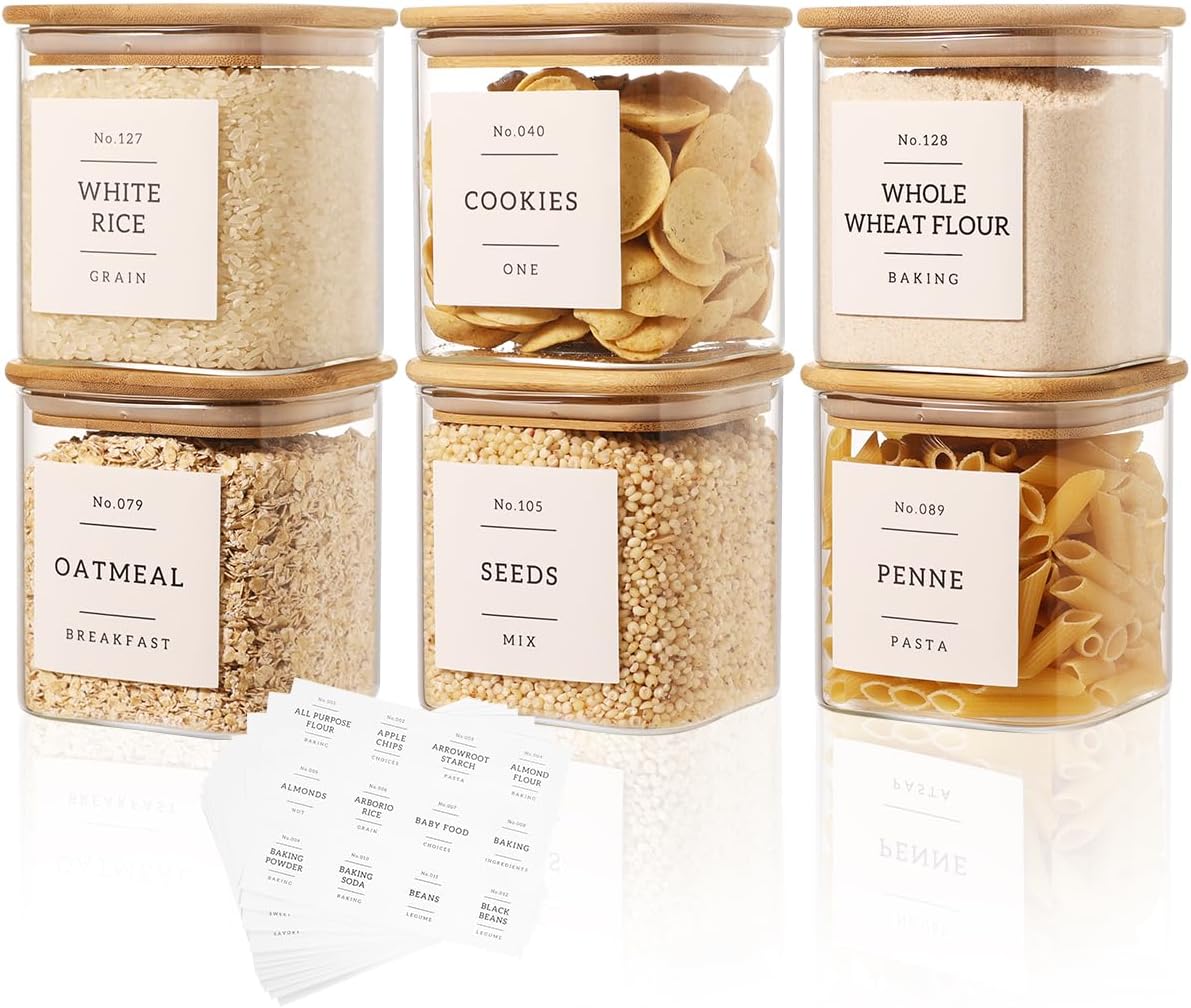 6 Pack Square Glass Pantry Storage Containers with 132 Kitchen Food Pantry Labels - 24 floz Clear Glass Pantry Jars with Airtight Wood Bamboo Lids - Glass Canisters for Sugar, Cereal, Coffee, Spice
