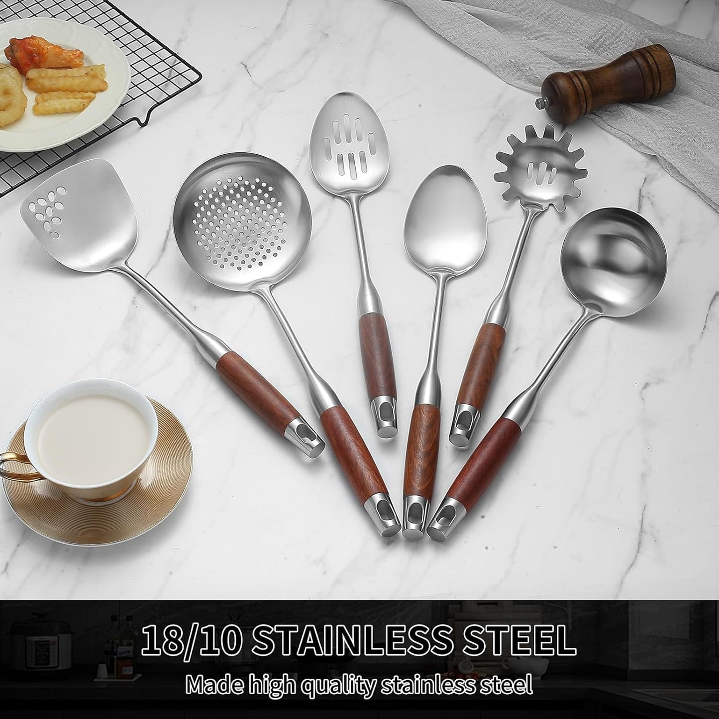 Stainless Steel Kitchen Utensils Set with Wood Handle, 18/10 Metal Cooking Utensils Set, 6-Piece - Spatula, Spoon, Ladle, Skimmer, Slotted Spoon, Pasta Server (Dishwasher Safe)