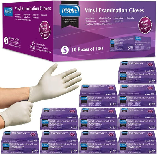 Inspire Stretch Vinyl Exam Gloves | THE ORIGINAL Quality Disposable Latex Free Medical Glove Cleaning Cooking Food Service Labs Healthcare and Household Small, 1000 Count