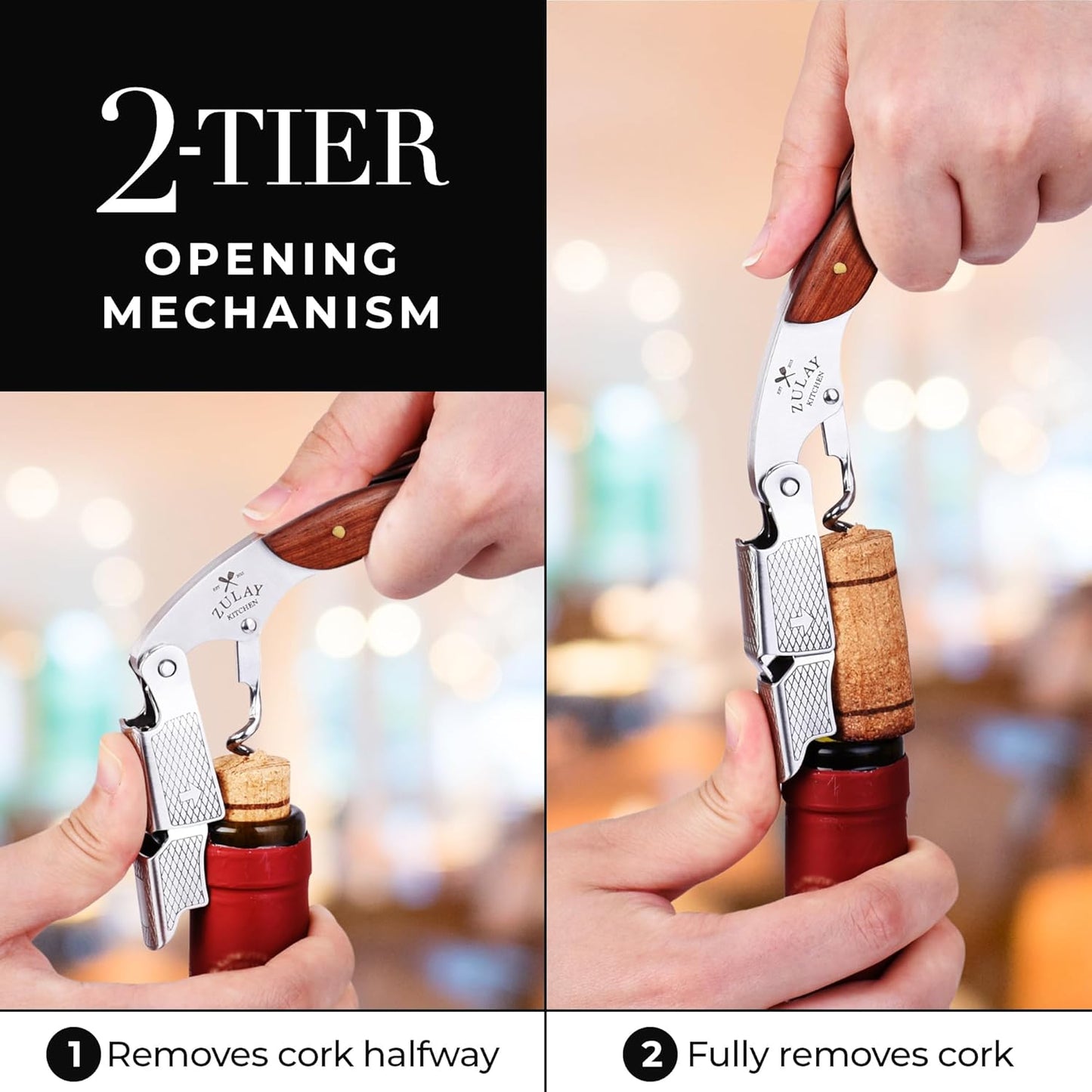 Zulay Kitchen Corkscrew Wine Opener - Premium 420 Stainless Steel & Rosewood Wine Bottle Opener - Double Hinged Opener with Foil Cutter & Cap Remover - Rosewood