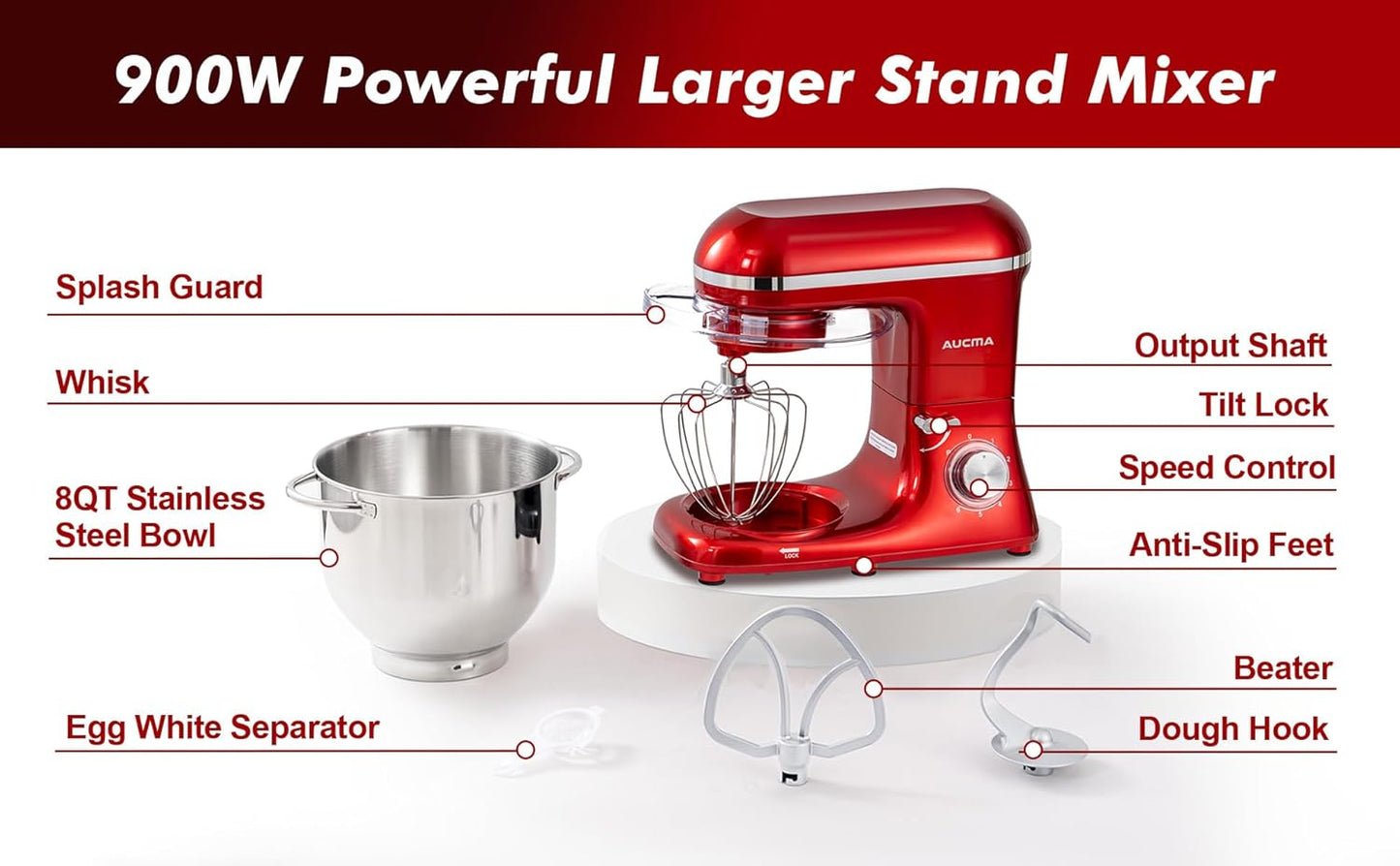 Aucma Stand Mixer, 900W 8QT Large Kitchen Mixer, Kitchen Electric Mixers with Dough Hook, Wire Whip & Beater (Red, 8QT)