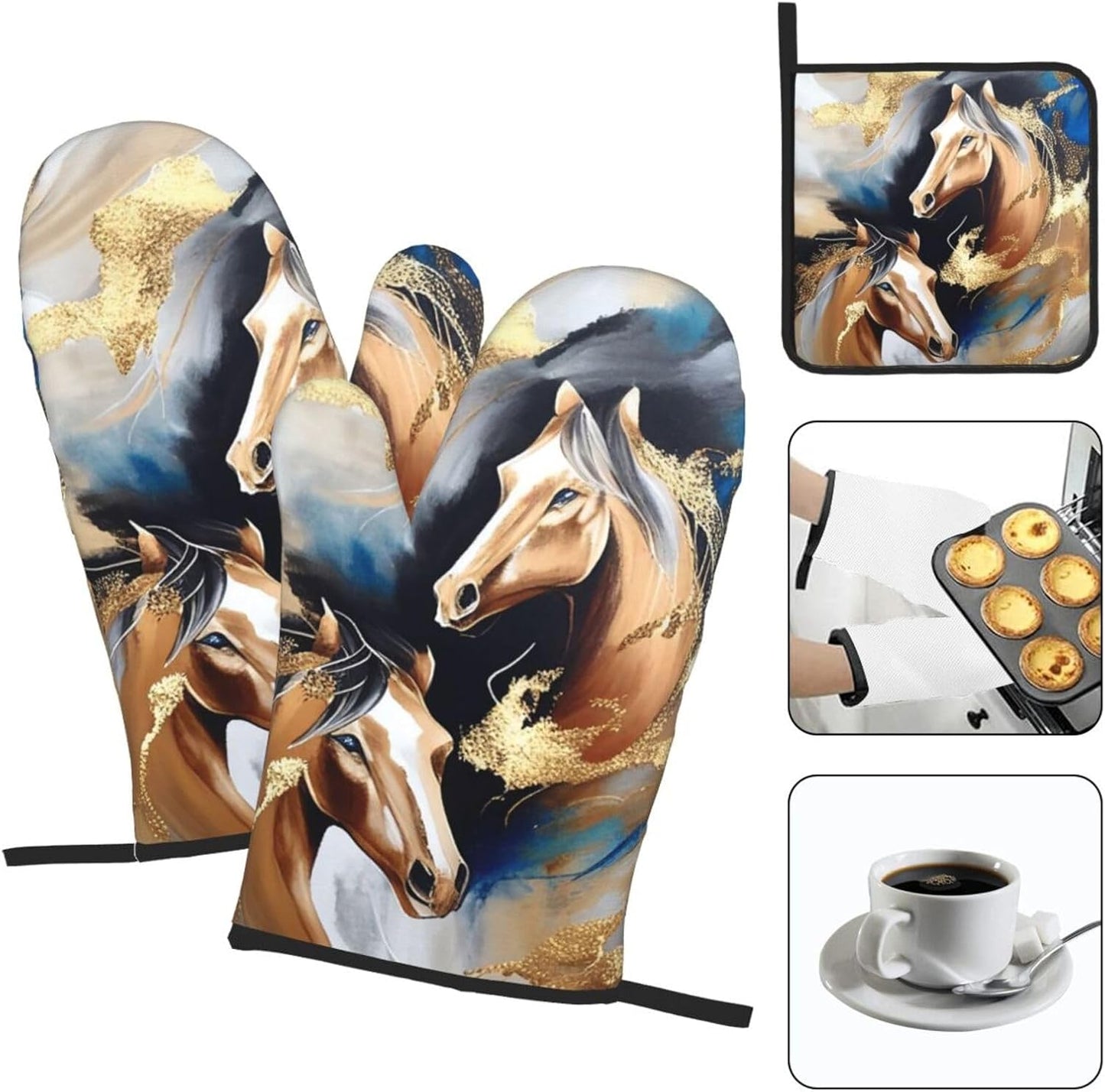 Horse Oven Mitts and Pot Holders Sets of 3 Modern Kitchen Decor Heat Resistant Hot Pads Funny Oven Gloves for Cooking Grilling Baking