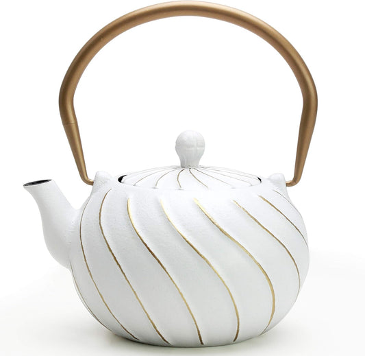 Tea Kettle, TOPTIER Japanese Cast Iron Teapot with Stainless Steel Infuser, Cast Iron Tea Kettle Stovetop Safe, Wave Design Tea Pot Coated with Enameled Interior for 30 Ounce (900 ml), White
