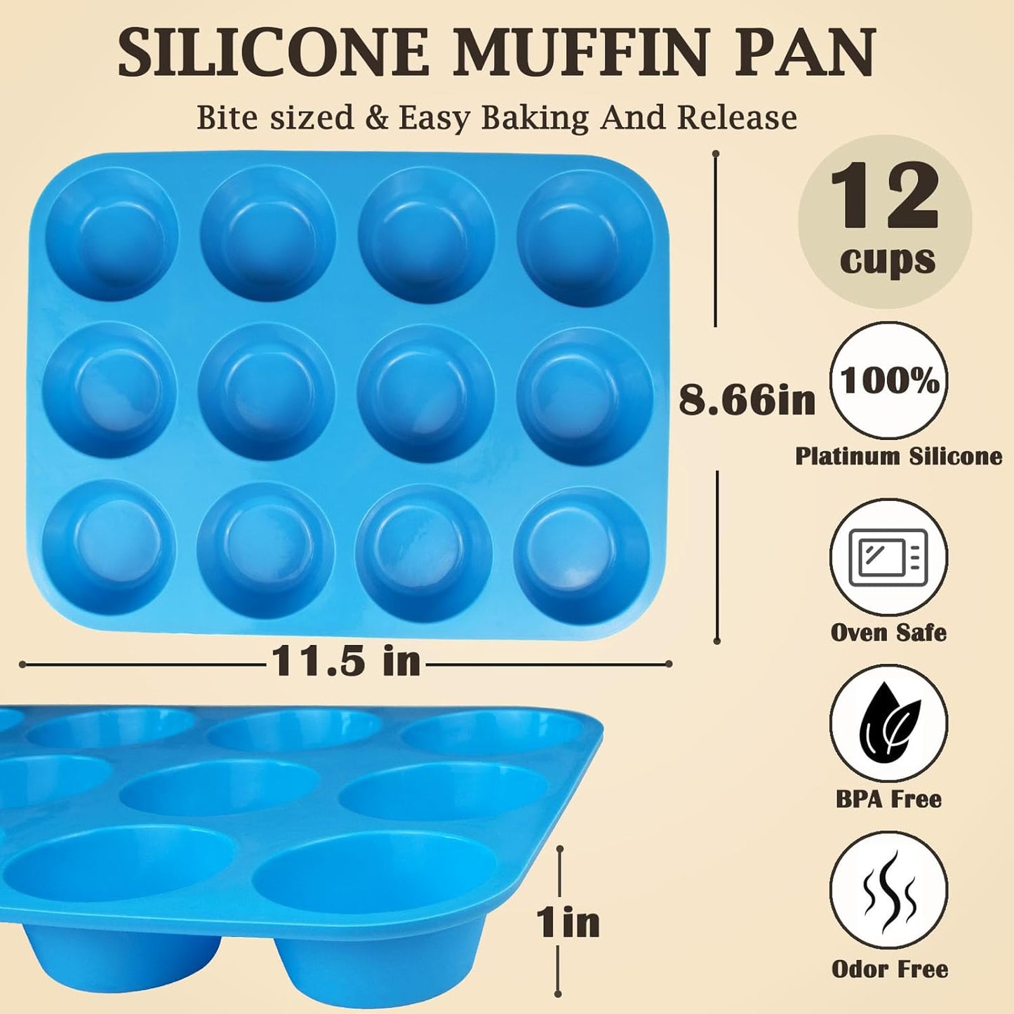 12 Cups Silicone Mini Muffin Pan Set, Nonstick Mini Cupcake Pans, BPA Free Small Muffin Tin for Baking, Set of 2 (Blue+Orange)