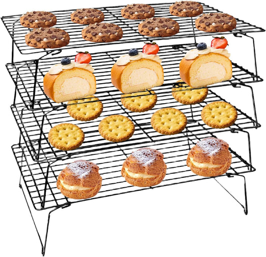 ShellKingdom Cooling Racks, Stainless Steel Non-Stick Baking Racks And Oven Safe Wire Cool Racks for Cookies, Cakes and Baking, 4-Tier, Foldable