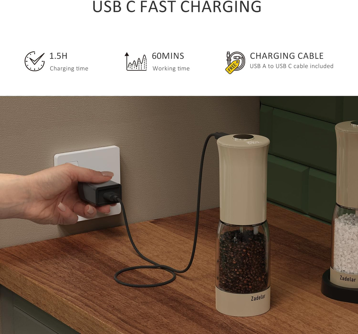 Electric Salt and Pepper Grinder Set with LED Power Display,Larger Capacity Salt and Pepper Shakers Set Rechargeable Electric with Flexible Coarsenes,LED Light,One Hand Operation for Kitchen(Khaki)