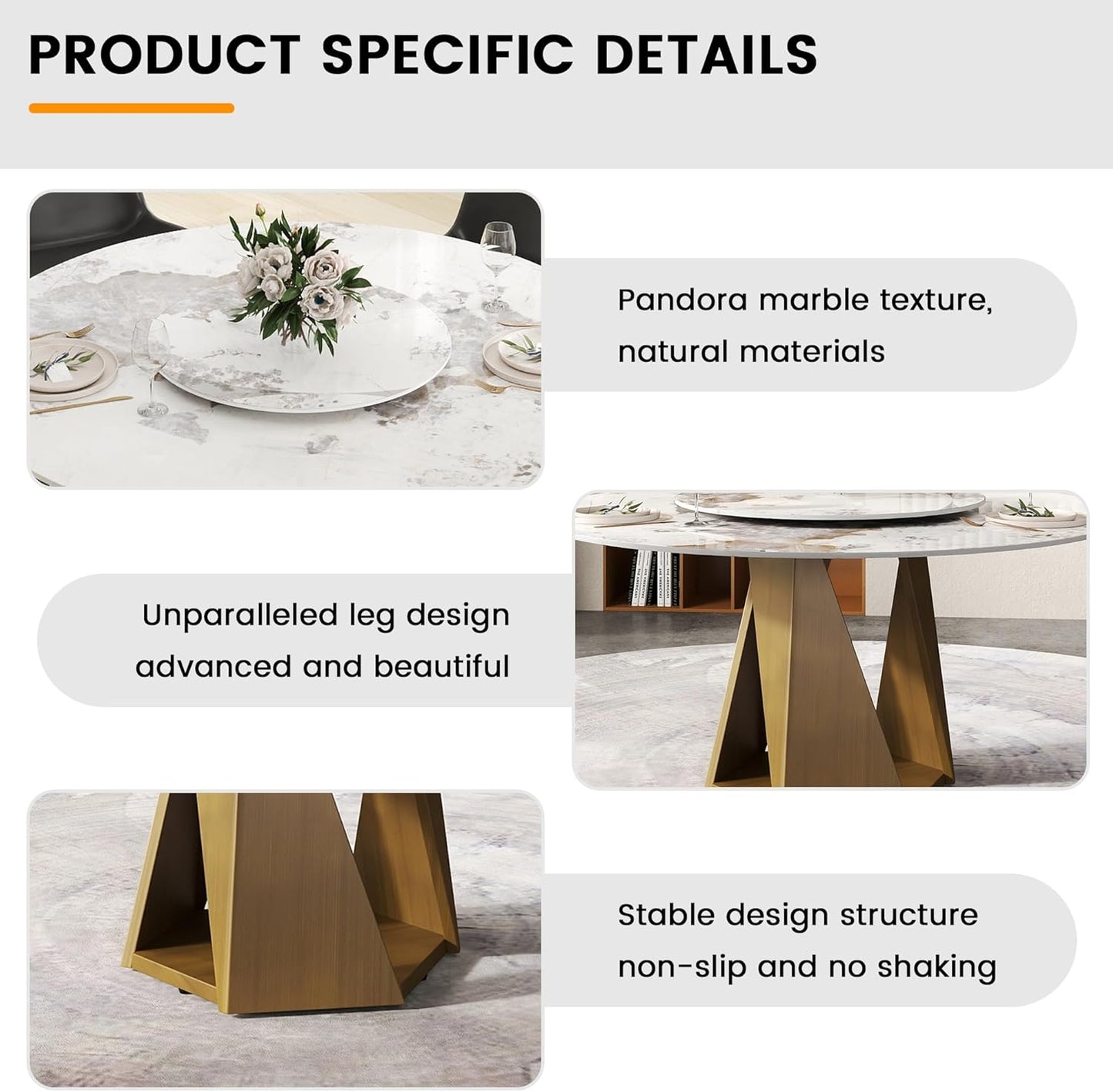 Montary 59" Modern Artificial Marble Round Dining Table with Bronze Iron Metal Base & 31.5" White Sintered Stone Turntable, Dining Room Table with Lazy Susan for 6-8 (Only Table)