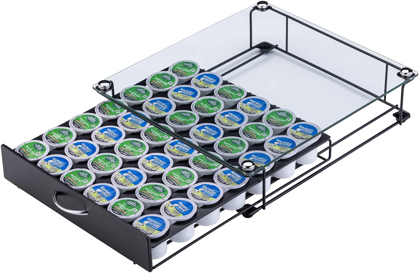 Rice rat Coffee Pod Holder for Keurig Pods Glass Top Drawer,K cup Holder Capsule Display Storage compatibility 42 k-cup(Black)