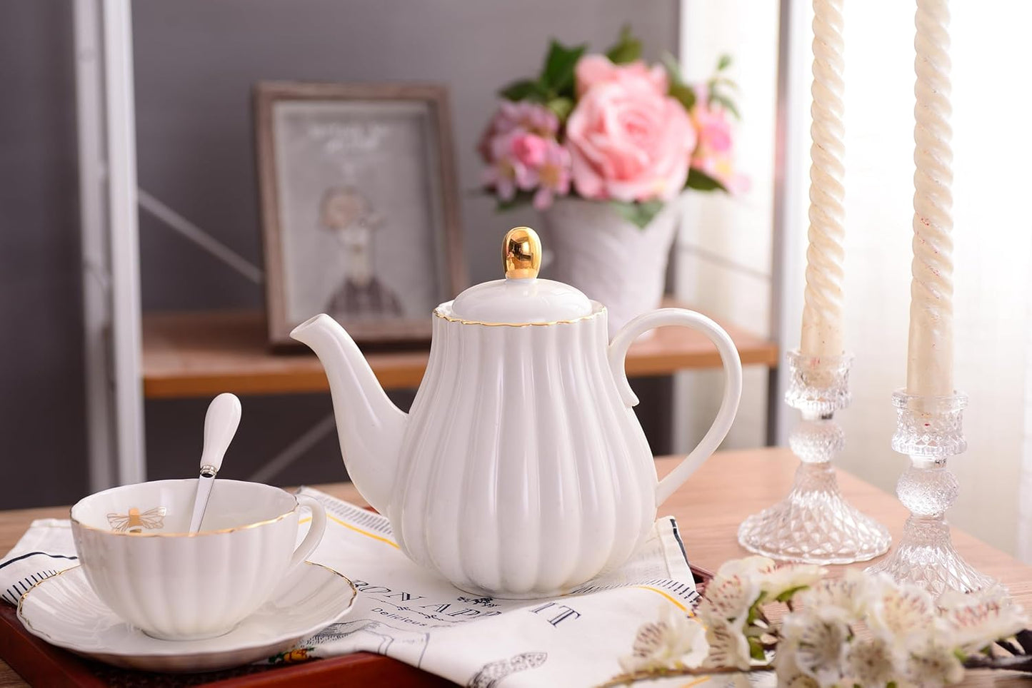 Jusalpha Fine China Pink Teapot and Creamer Sugar Bowl Set, TW (White)