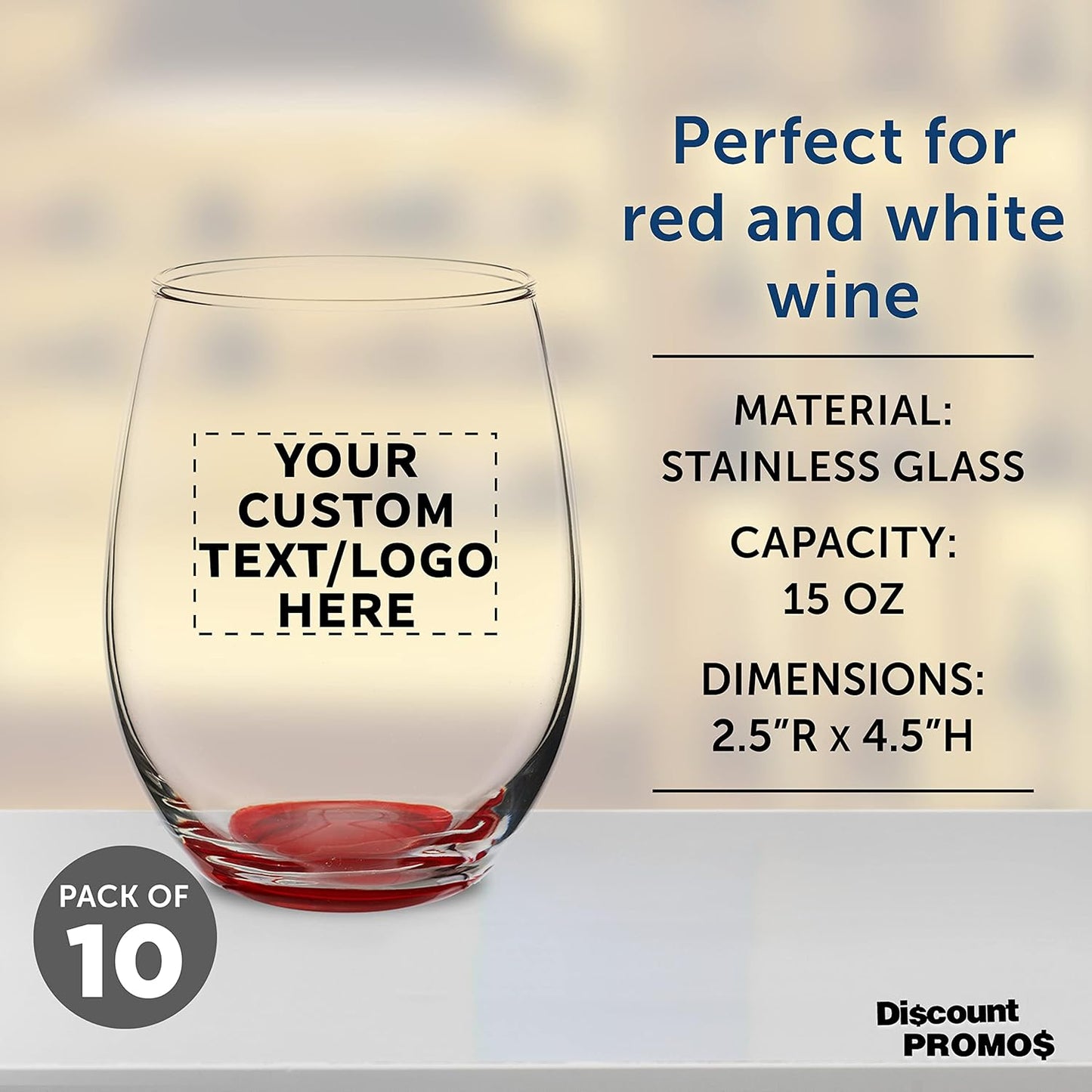 Custom Stemless Wine Glasses in Bulk by ARC Perfection, 15 oz, 10 pack, Personalized Text, Logo, Red or White Wine Glass Set, Red