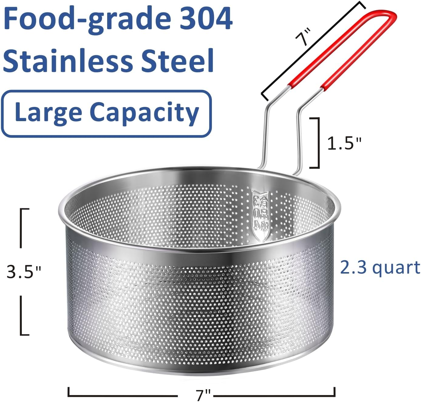 Deep Fryer Basket Only, 7''x4'' Colander with Silicone Handle,Round Stainless Steel Fry Baskets, Heat Resistant for Frying French Fries Cooking Noodles Vegetables, Ideal for Gift, 2.3-Quart