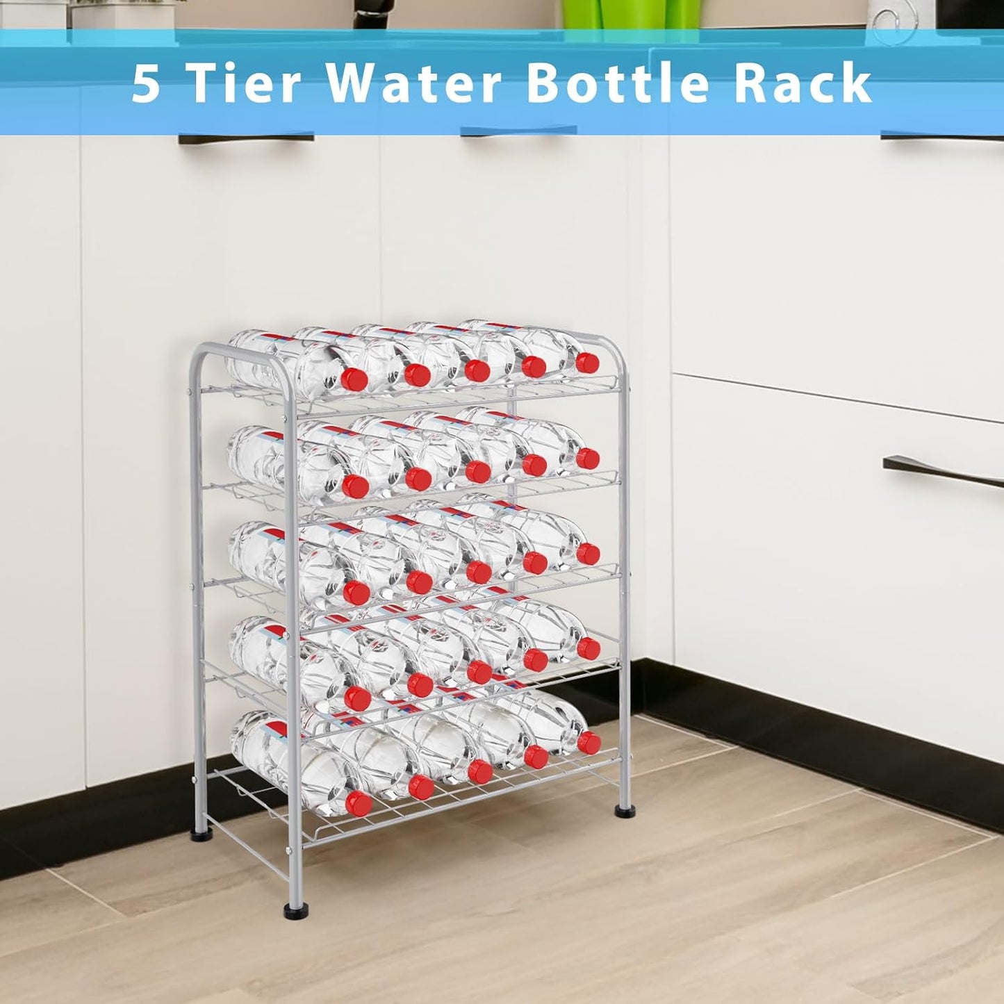 5 Tier Water Bottle Organizer Small Water Bottle Holder Stand Freestanding Metal Bottled Water Rack Dispenser for Kitchen, Pantry Organization and Storage, Silver