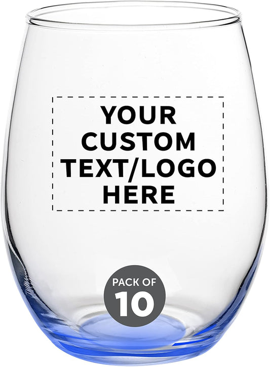 Custom Stemless Wine Glasses in Bulk by ARC Perfection, 15 oz, 10 pack, Personalized Text, Logo, Red or White Wine Glass Set, Blue