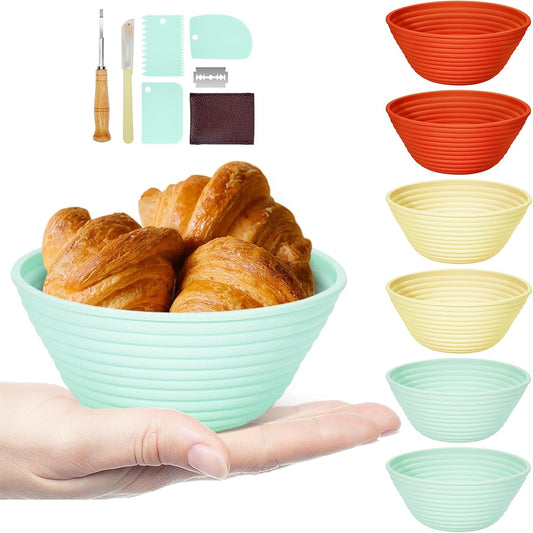 Silicone Banneton, Sourdough Bread Baskets (Set of 6, 5 Inch), Round Proofing Bread Bowls with Starter Kit, Bread Making Baking Supplies
