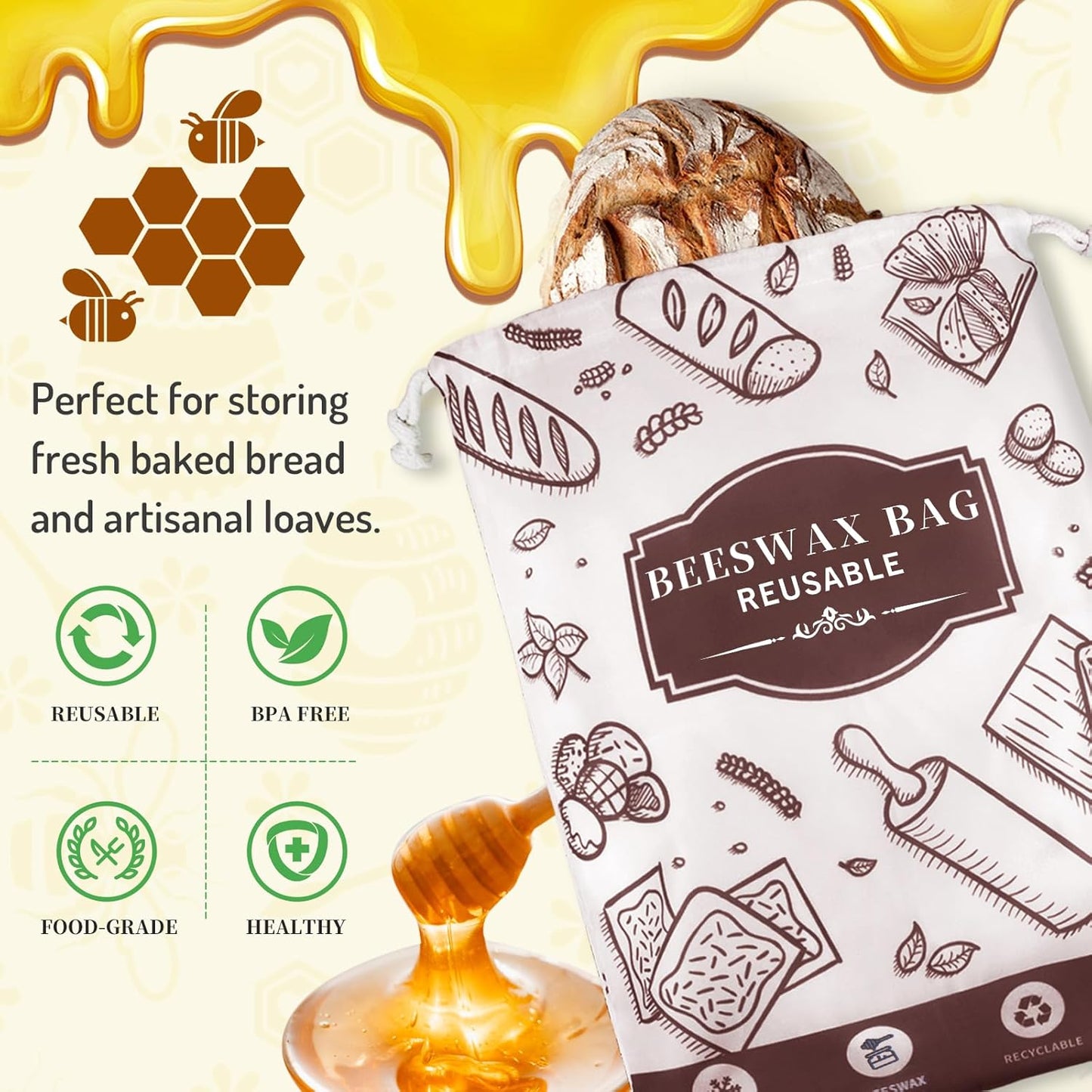 2-Pack Beeswax Bread Bags for Homemade Bread，Reusable Sourdough Storage Bags with Premium Beeswax Coating for Loafs Baguette Fresh Keeping,Great Baking Essentials and Gifts for Families & Friends.