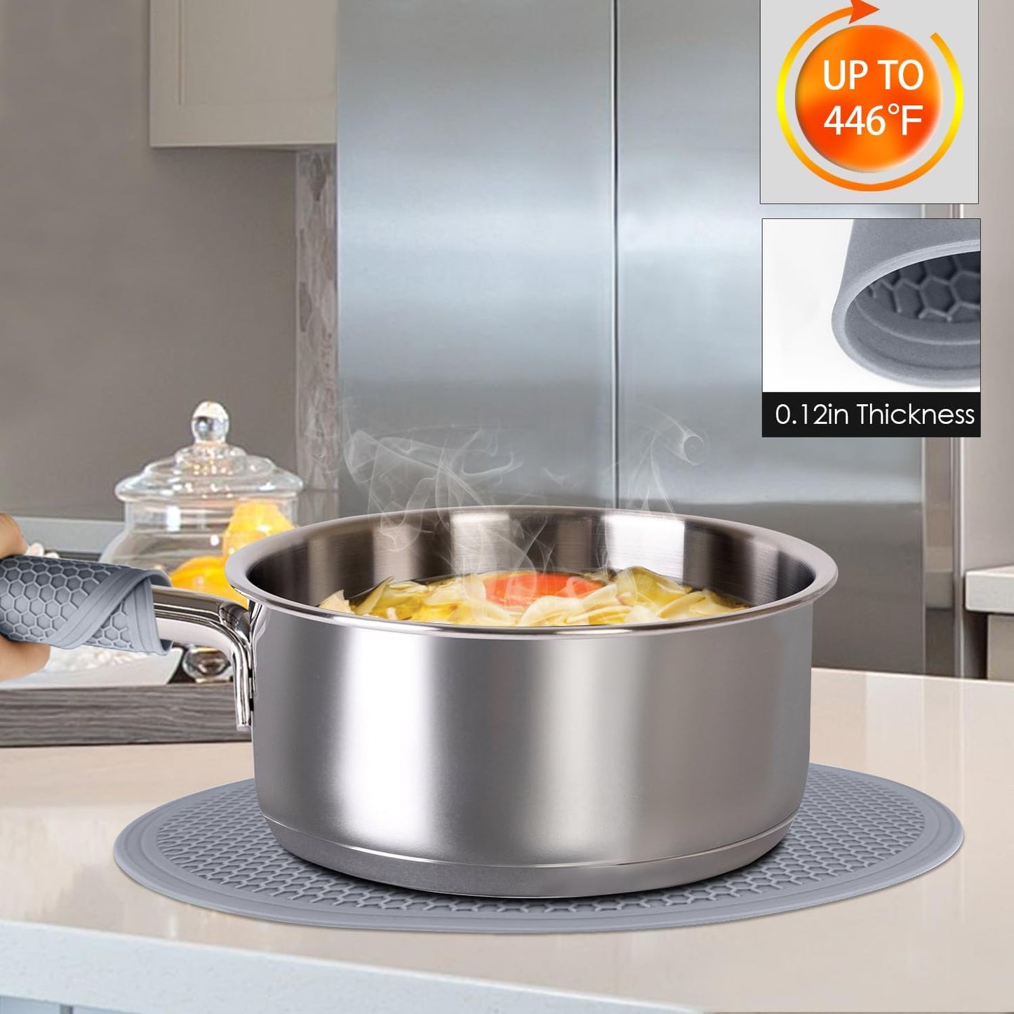 4 Pack 12 Inch Multi-Purpose Silicone Mat, As Drying Mat, Microwave Mat, Trivet, Pot Holder, Placemat, Utensils Rest, Pad for Hot Pans Plates Dishes Kitchen Countertop, Heat Resistant Mat, Light Gray