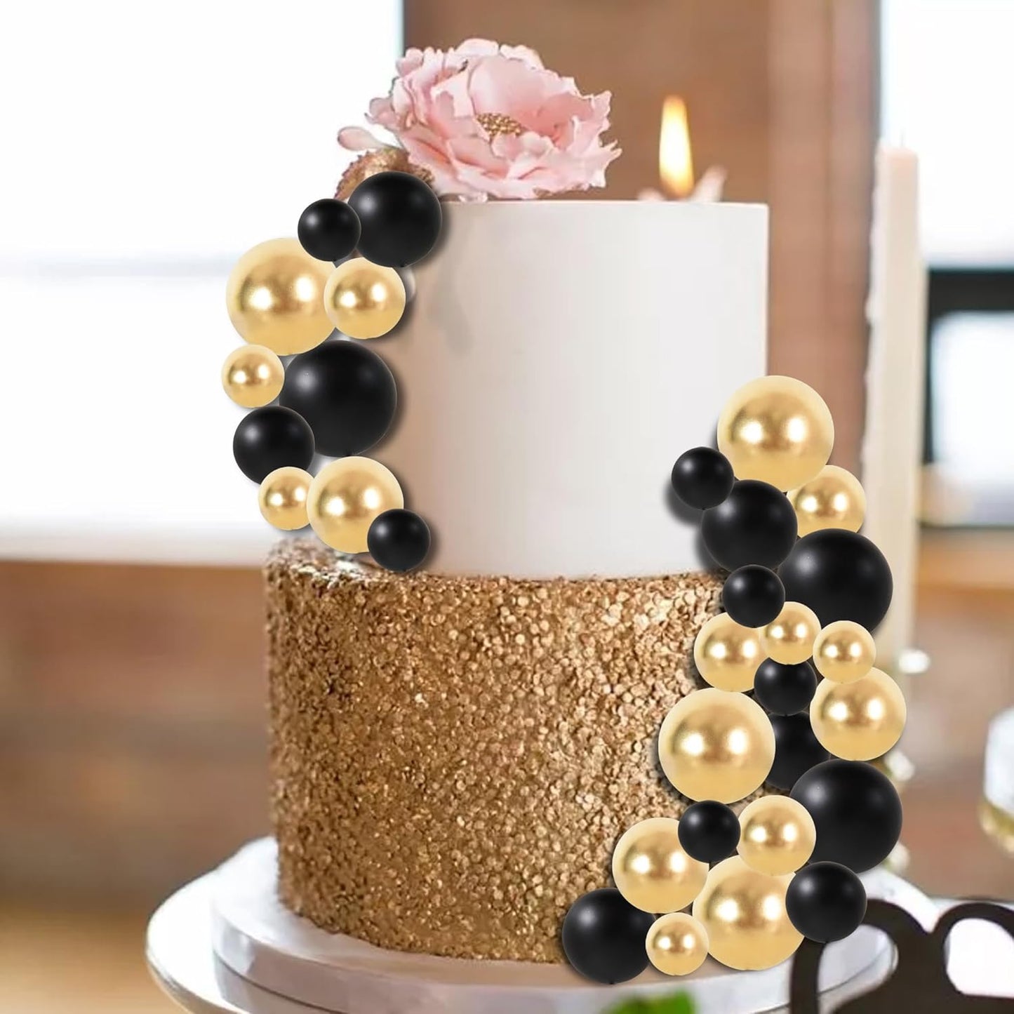 BEISHIDA 40 Pcs Ball Cake Toppers Mini Balls Cake Decorations Black Gold Foam Balls Sticks DIY Cake Topper for Baking Congrats Grade 2025 Graduation Birthday Retirement Party Decorations (Black Gold)