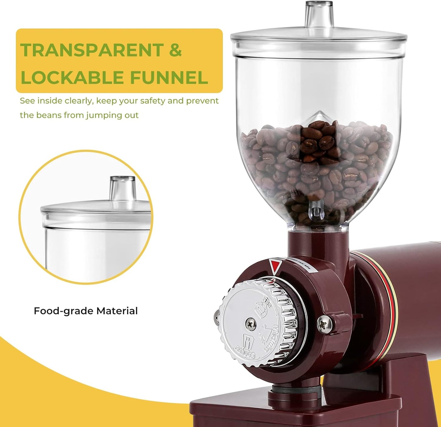 Burr Coffee Grinder - Electric Espresso Grinder for Home & Commercial Use, Silent, Adjustable Grind, With Hopper, Brush, Spoon, Red