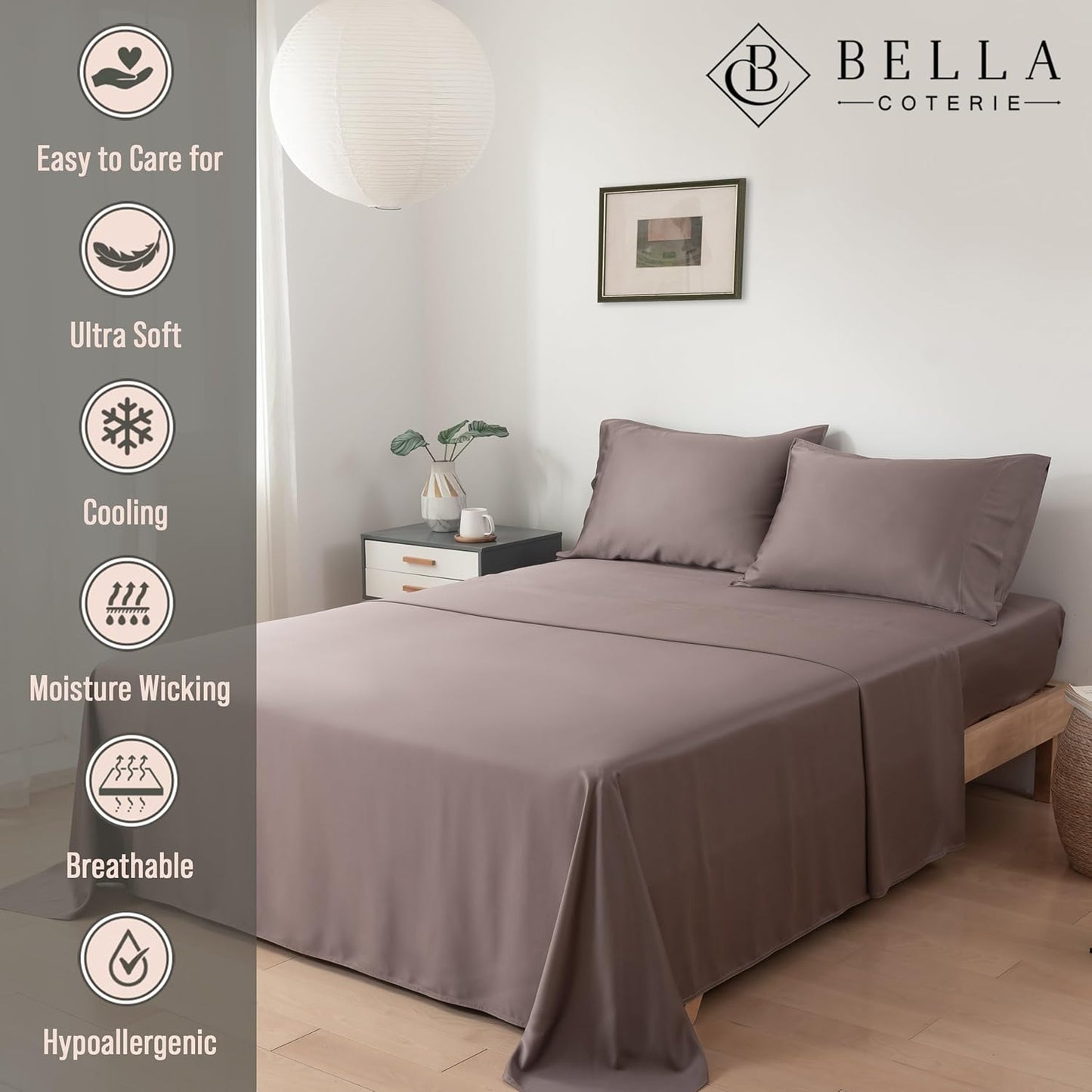 Bella Coterie Luxury Bamboo Viscose Queen Size Sheet Set | 100% Organically Grown | Ultra Soft | Cooling for Hot Sleepers | 18" Deep Pocket [Mocha]