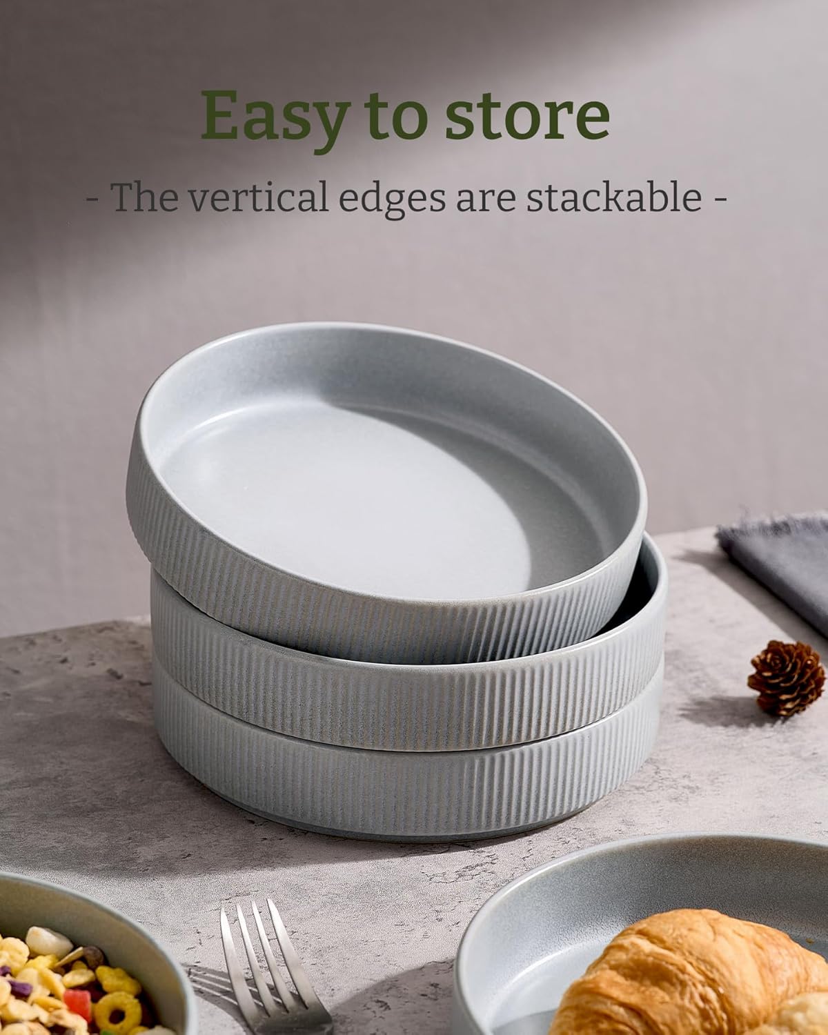 famiware Star 7.5" Pasta Bowls Set, Salad Bowl Set of 4, Double Reactive Glaze, Stackable, Ideal for Your Friend for Housewarming, Festivals, Light Gray