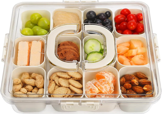 Divided Serving Tray with Lid and Handle, Portable Snack Box, 12 Compartments Veggie Fruit Tray, Charcuterie Platter Snackle Box Container for Party, Snacks, Picnic, LARGER SIZE