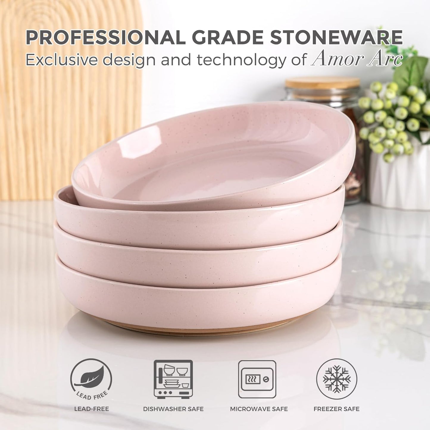 AmorArc 8.75'' Large Ceramic Pasta Bowls, 36oz Handpainted Stoneware Bowls Set of 4, Microwave&Dishwasher Safe Bowls with Rustic Terracotta Underside for Pasta Salad, Cloud Pink
